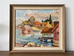Vintage Mid-Century Modernist Framed Landscape Oil Painting - Coastal Houses