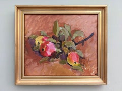 Vintage Mid-Century Modernist Framed Still Life Oil Painting - Pink Apples