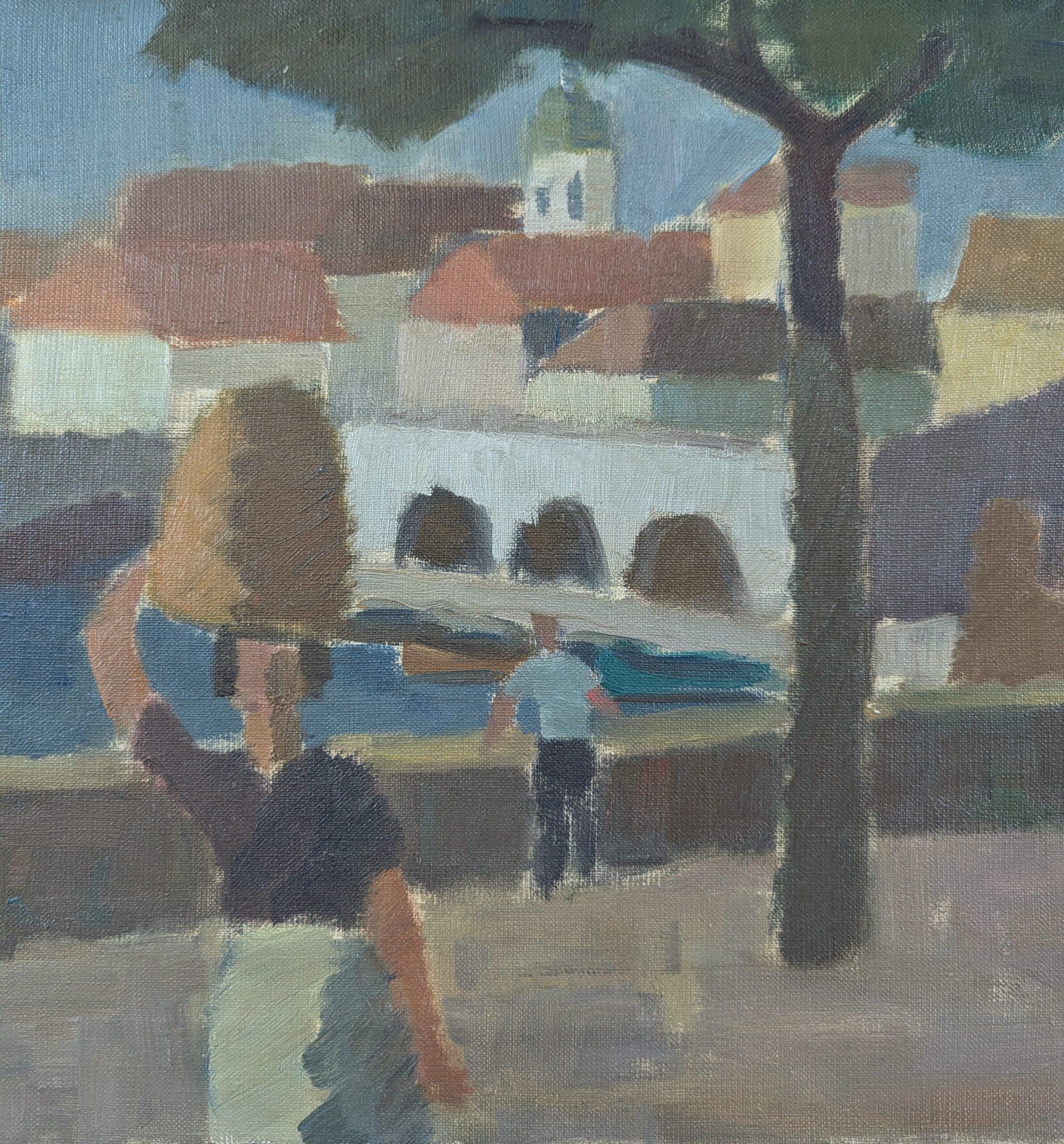 Vintage Mid-Century Modernist Original Landscape Oil Painting - Riverside Town For Sale 7