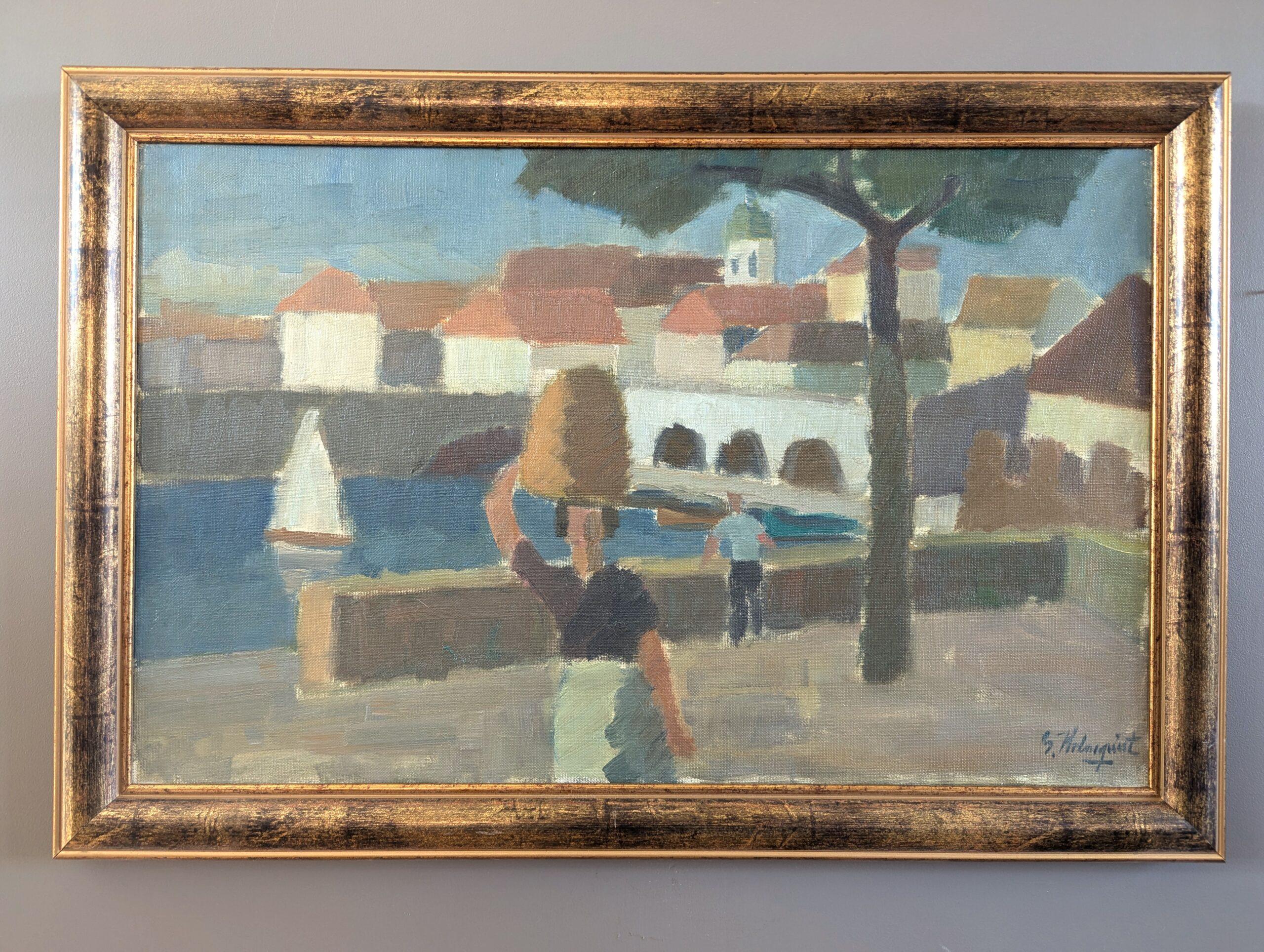 Vintage Mid-Century Modernist Original Landscape Oil Painting - Riverside Town - Gray Landscape Painting by Unknown