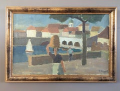 Vintage Mid-Century Modernist Original Landscape Oil Painting - Riverside Town