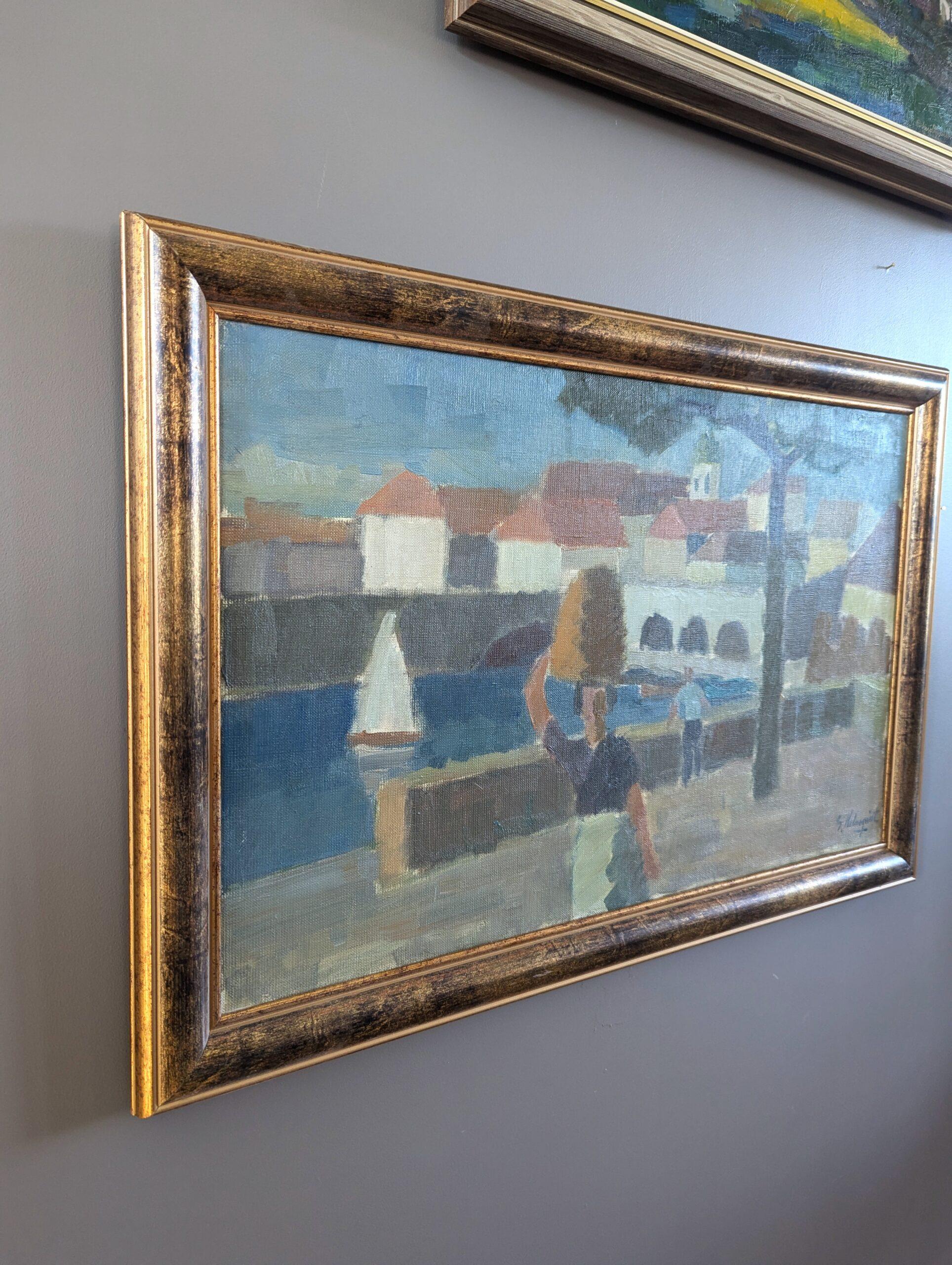 Vintage Mid-Century Modernist Original Landscape Oil Painting - Riverside Town For Sale 1