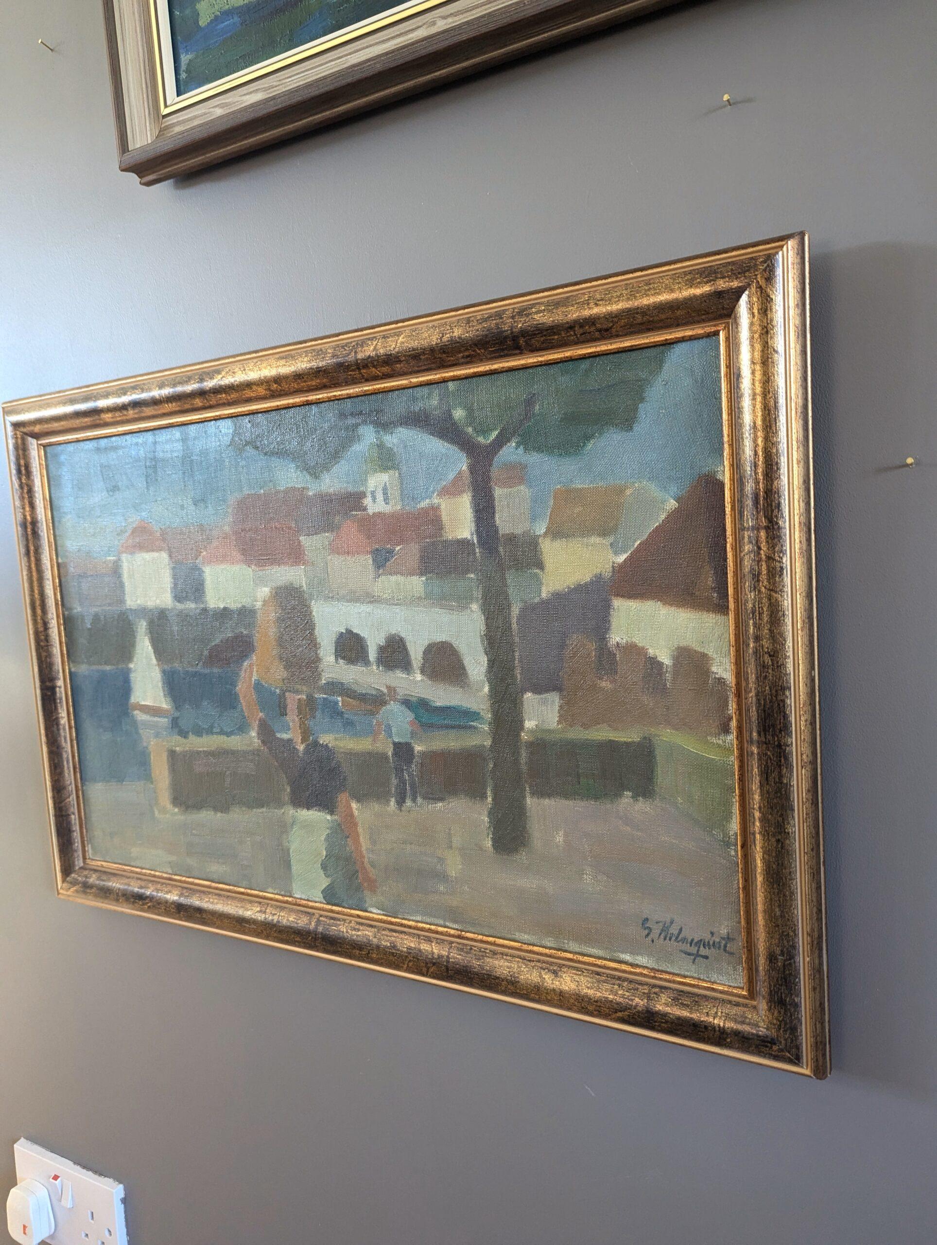 Vintage Mid-Century Modernist Original Landscape Oil Painting - Riverside Town For Sale 2