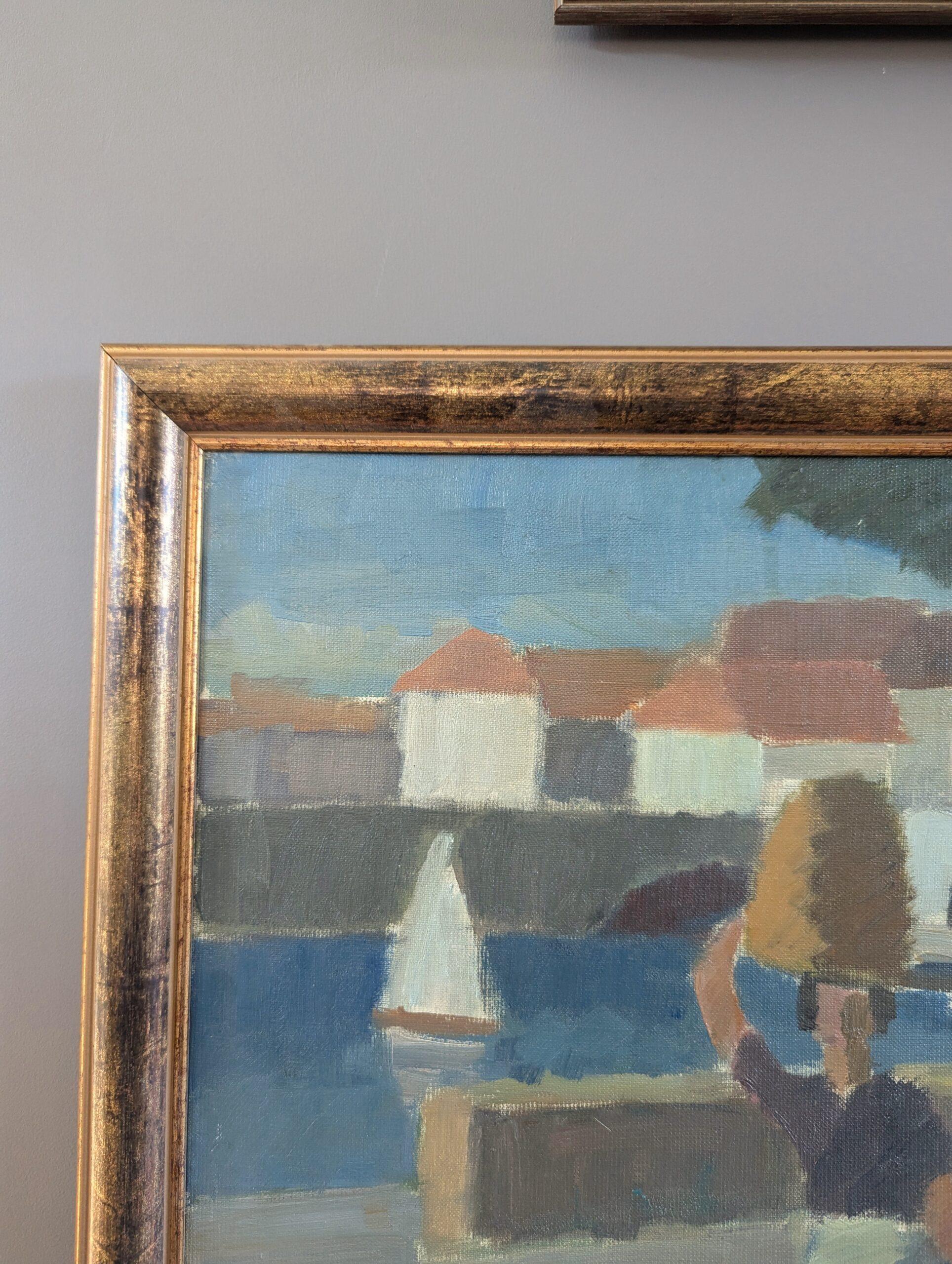 Vintage Mid-Century Modernist Original Landscape Oil Painting - Riverside Town For Sale 3