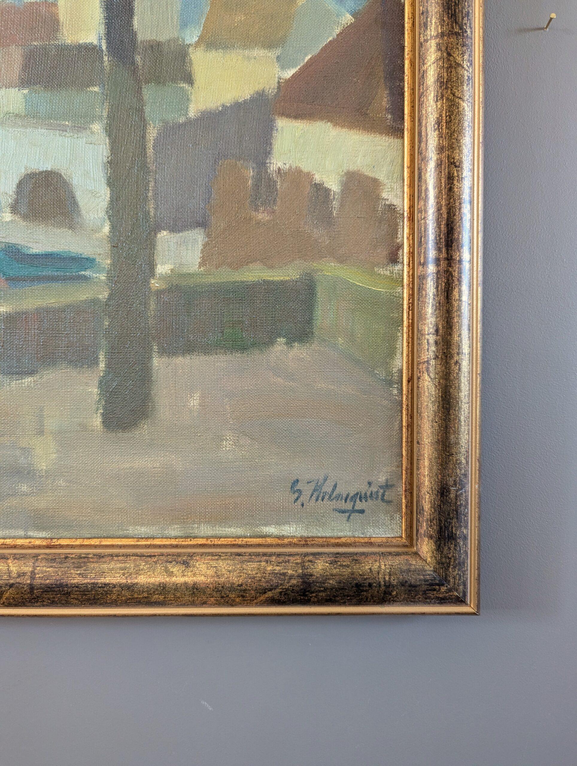 Vintage Mid-Century Modernist Original Landscape Oil Painting - Riverside Town For Sale 4