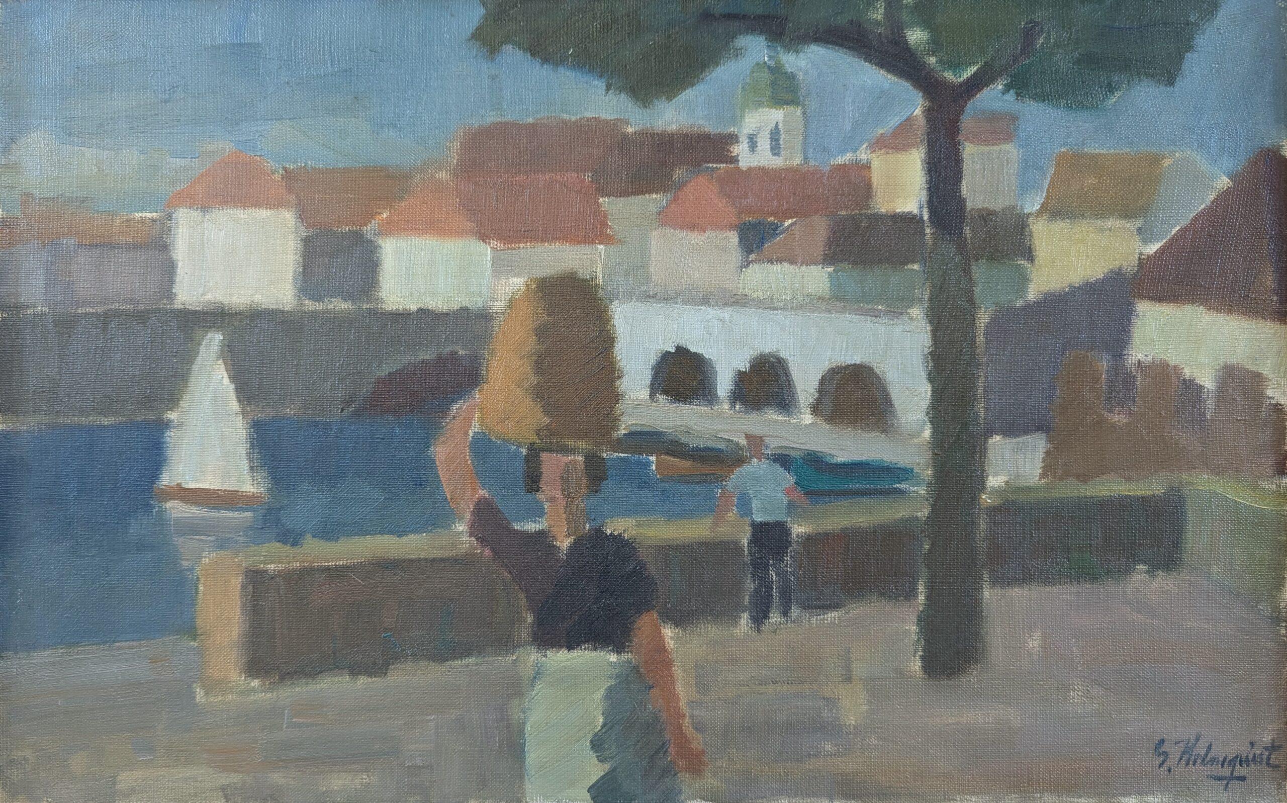 Vintage Mid-Century Modernist Original Landscape Oil Painting - Riverside Town For Sale 5