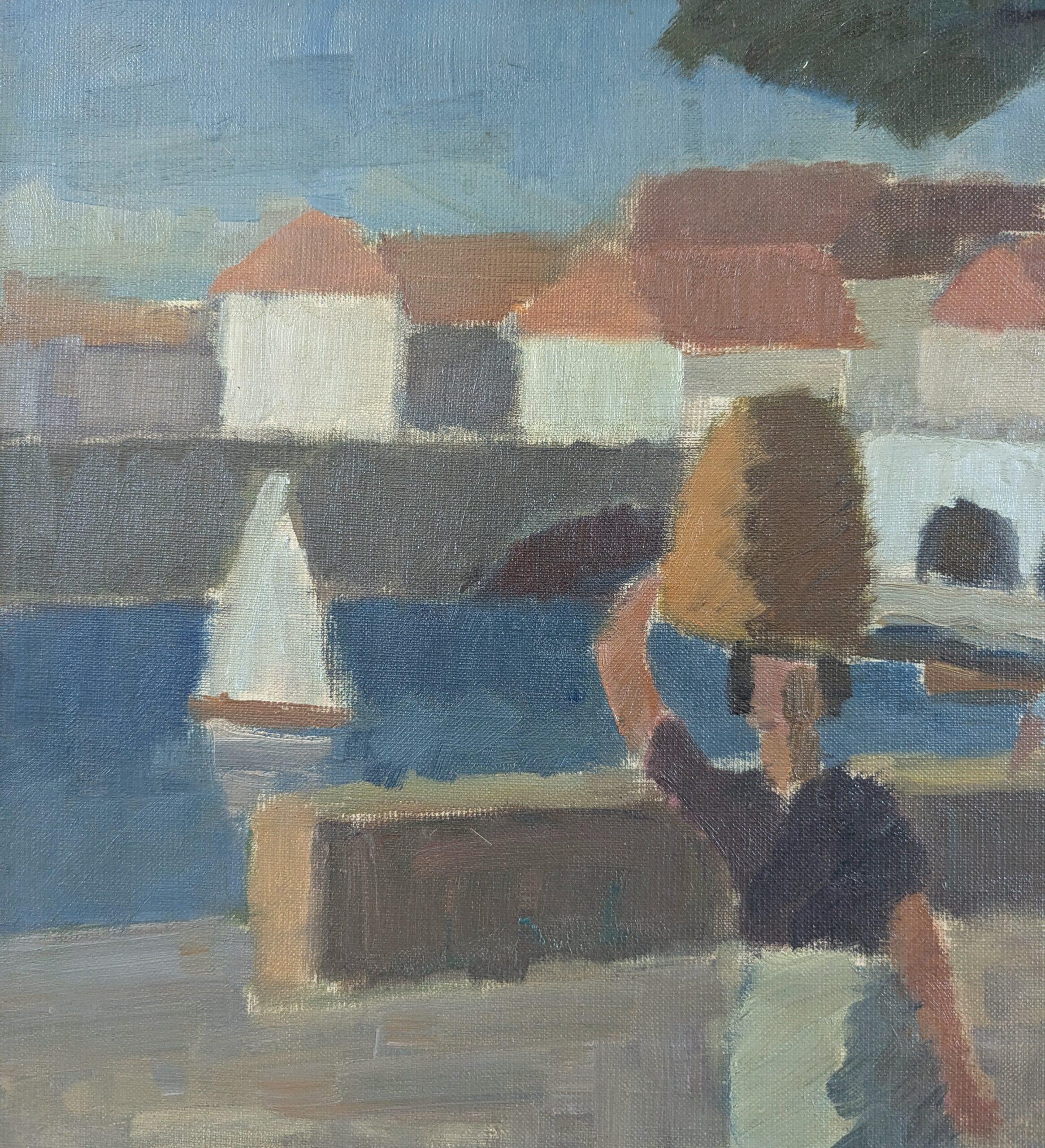 Vintage Mid-Century Modernist Original Landscape Oil Painting - Riverside Town For Sale 6