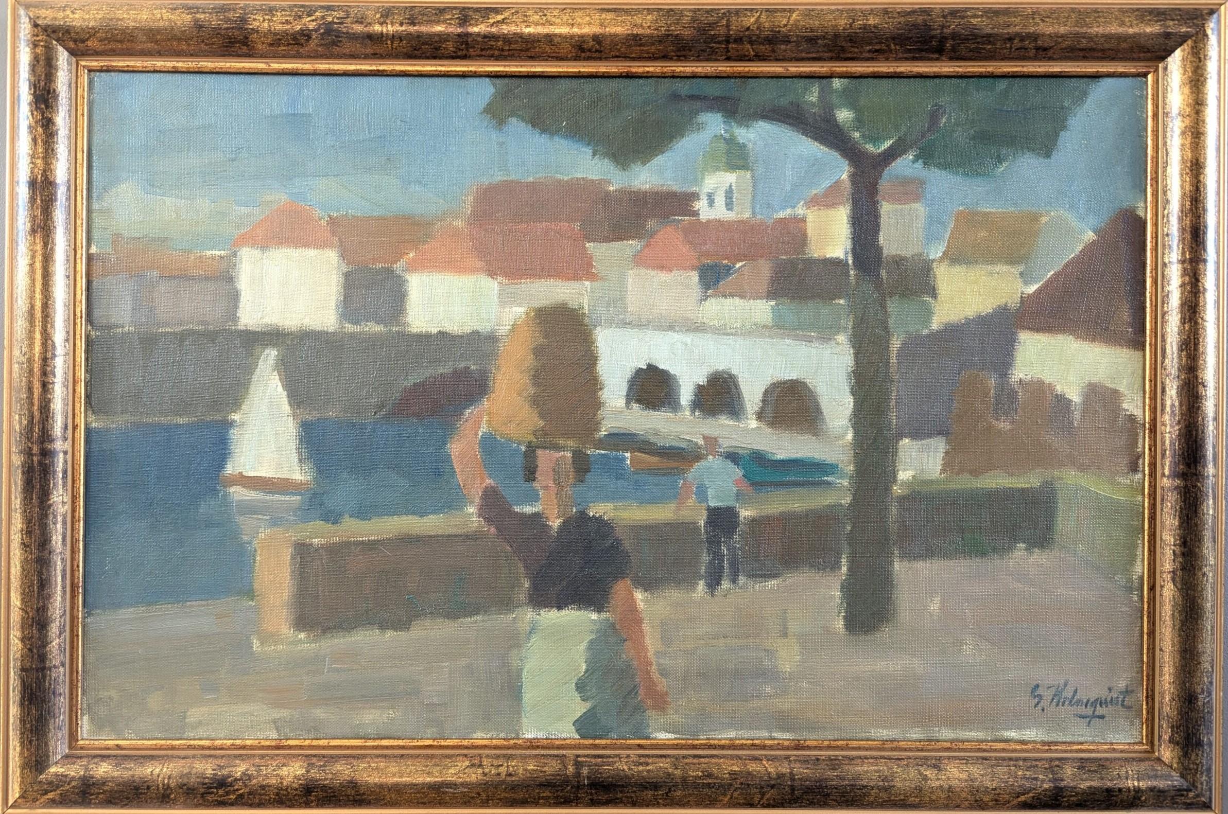 Unknown Landscape Painting - Vintage Mid-Century Modernist Original Landscape Oil Painting - Riverside Town