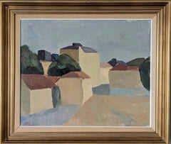 Vintage Mid-Century Modernist Street Scene Framed Oil Painting, - Cornerstone