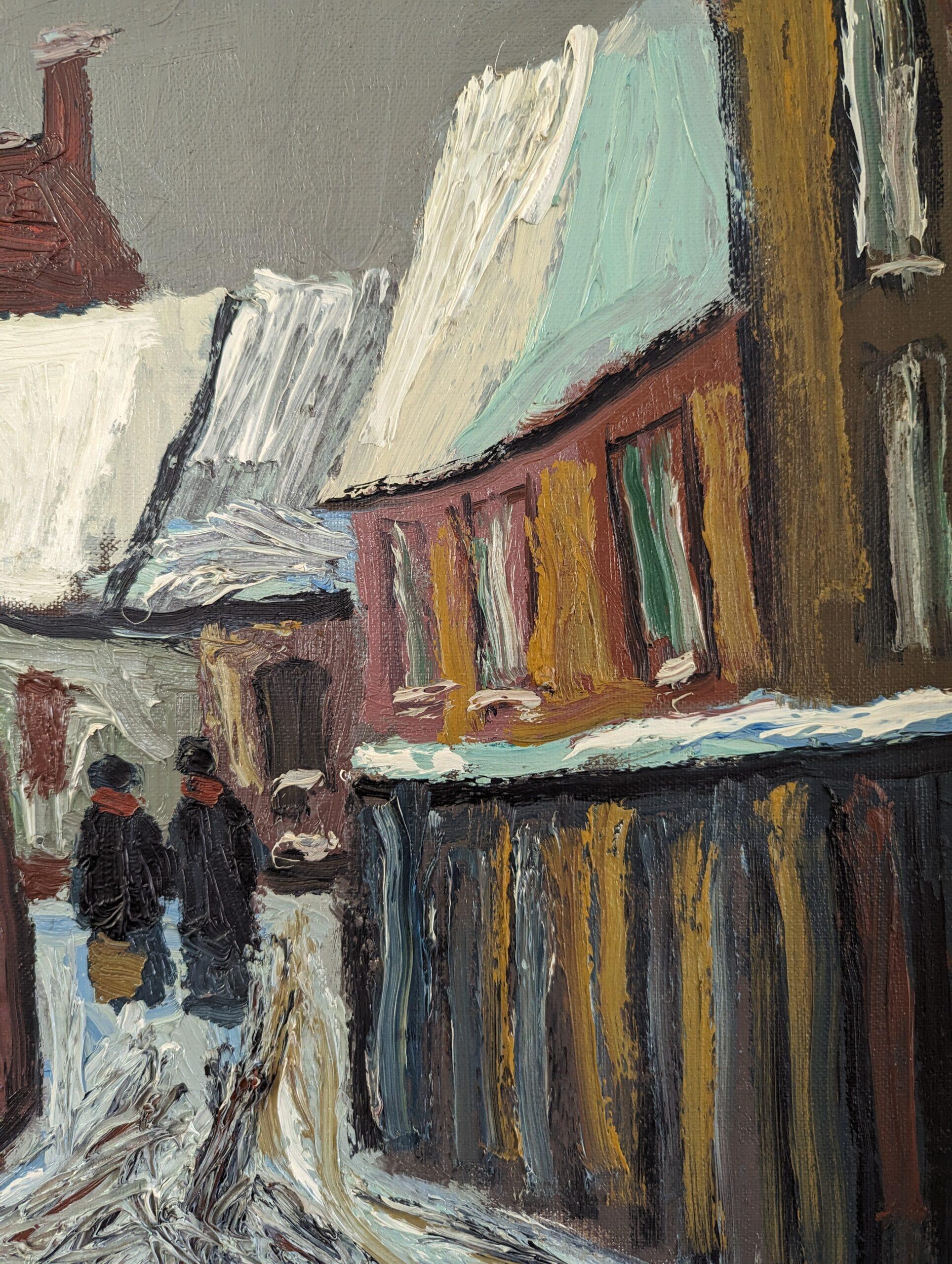 Vintage Mid-Century Modernist Street Scene Oil Painting - Snowy Village 8