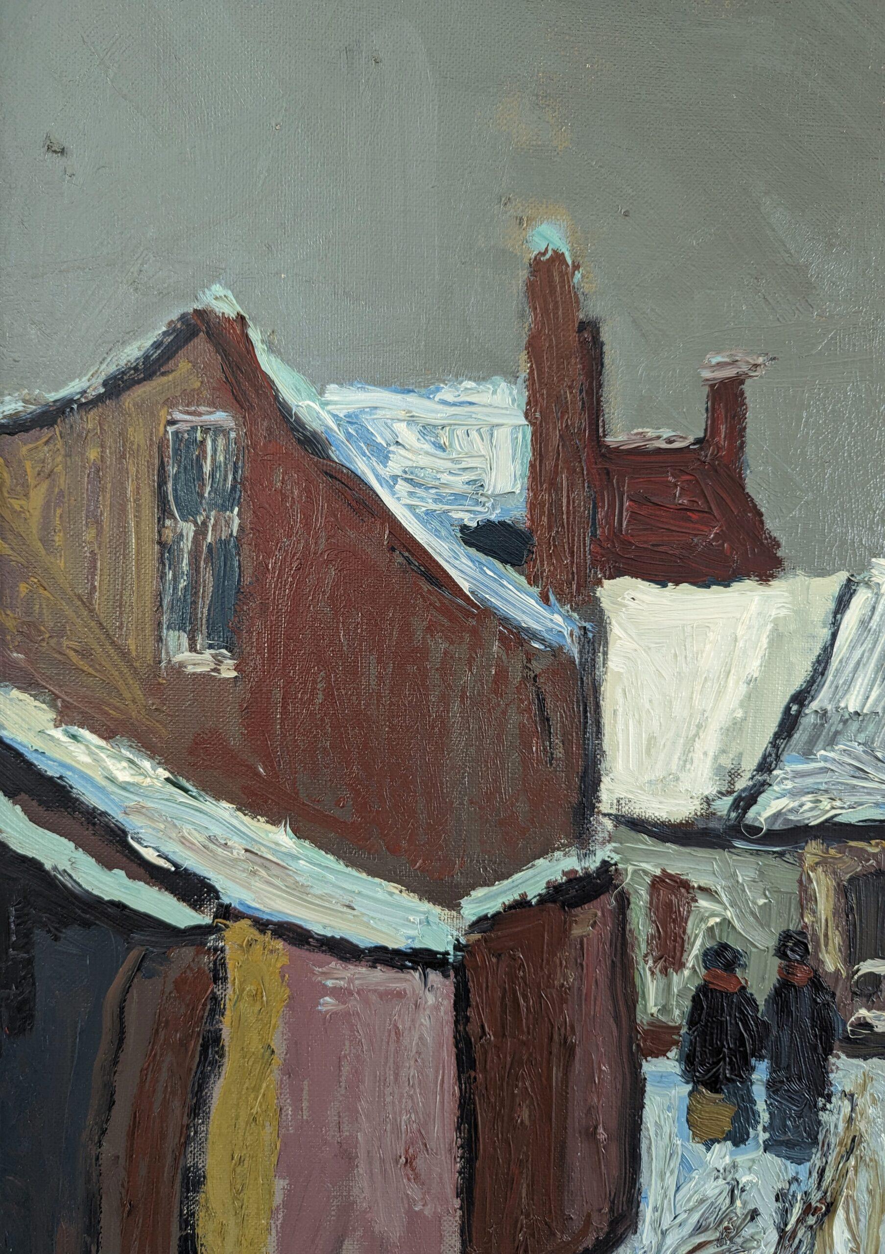 Vintage Mid-Century Modernist Street Scene Oil Painting - Snowy Village 9