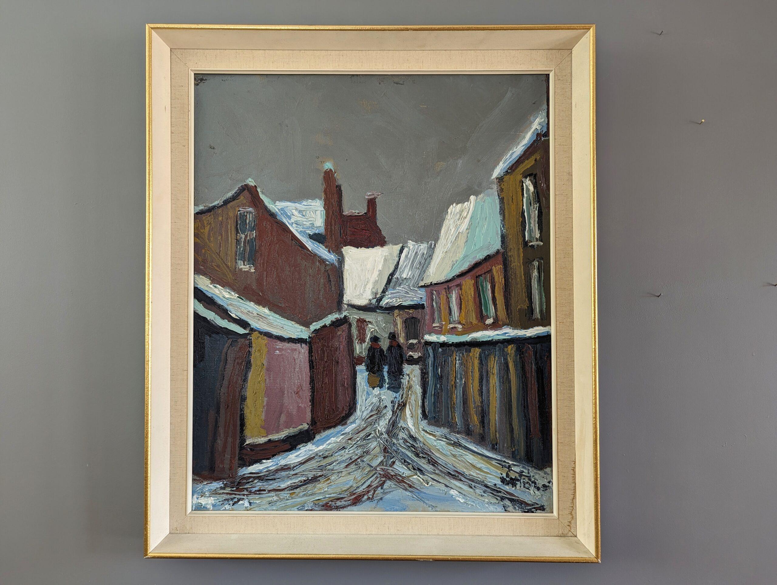 SNOWY VILLAGE 
Size: 70.5 x 59.5 cm (including frame)
Oil on Canvas

A wonderfully textured mid-century village street scene composition, executed in oil onto canvas.

The composition presents a winter scene in a village setting, where buildings in