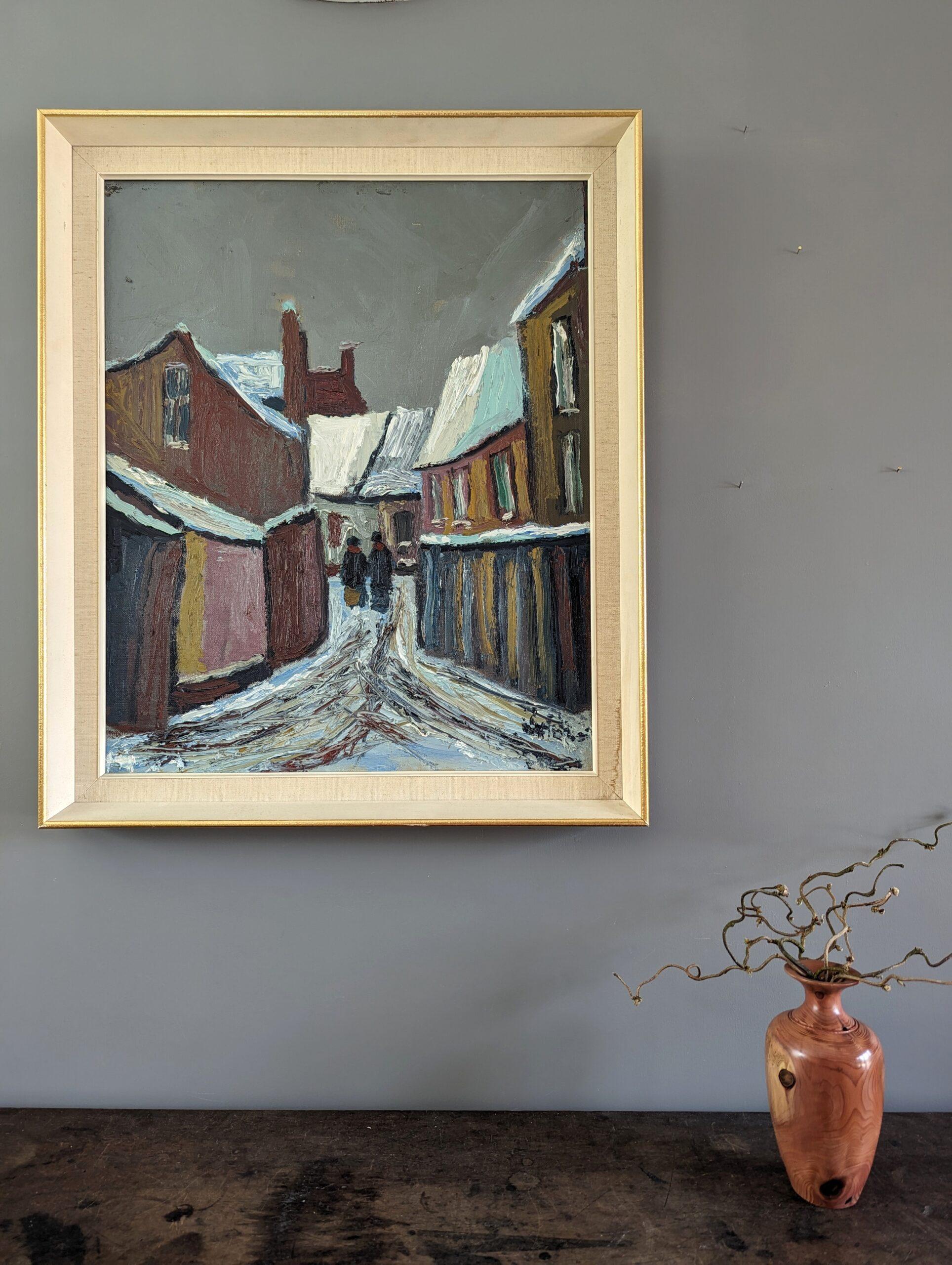 Vintage Mid-Century Modernist Street Scene Oil Painting - Snowy Village 1