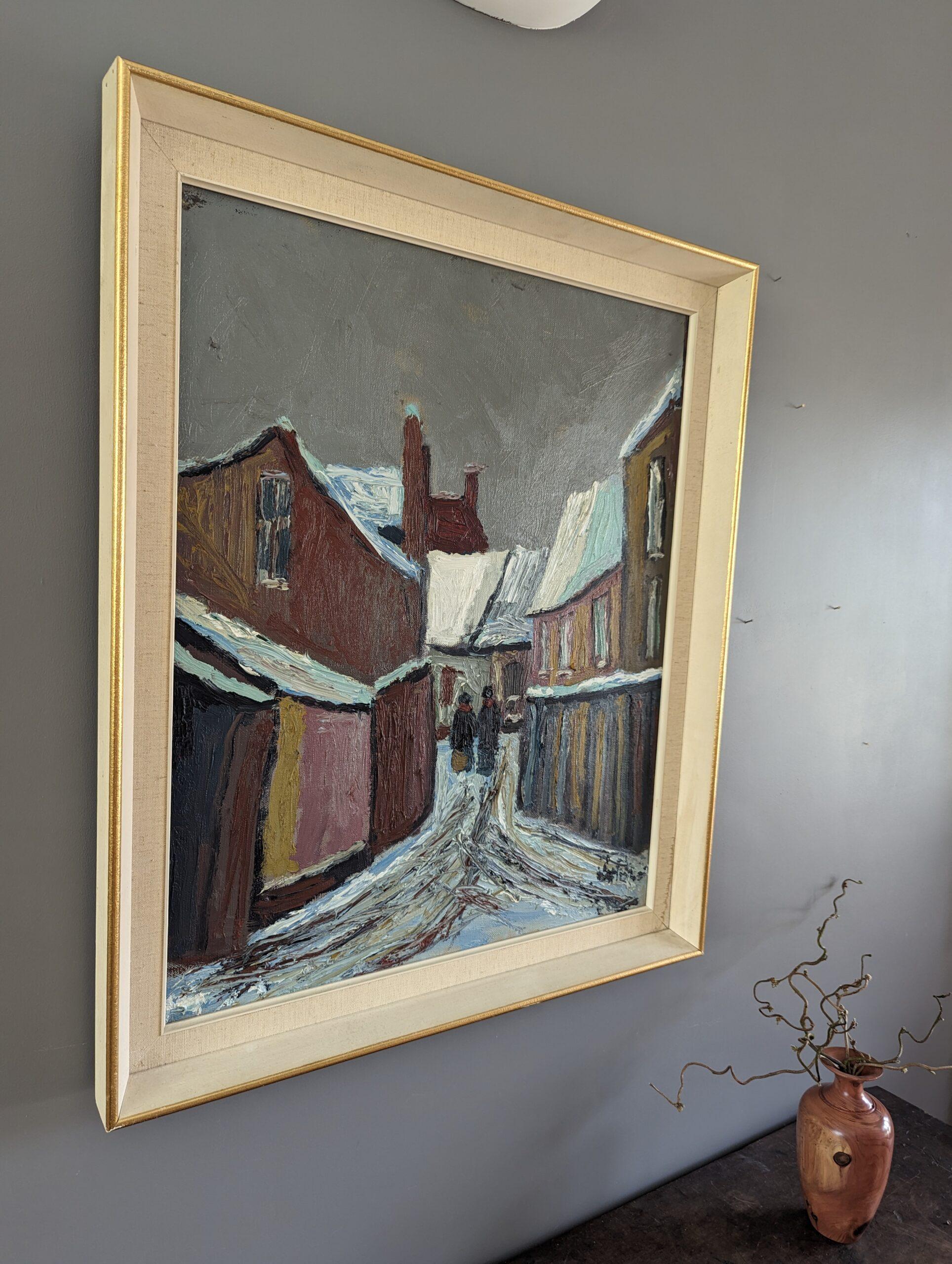 Vintage Mid-Century Modernist Street Scene Oil Painting - Snowy Village 2