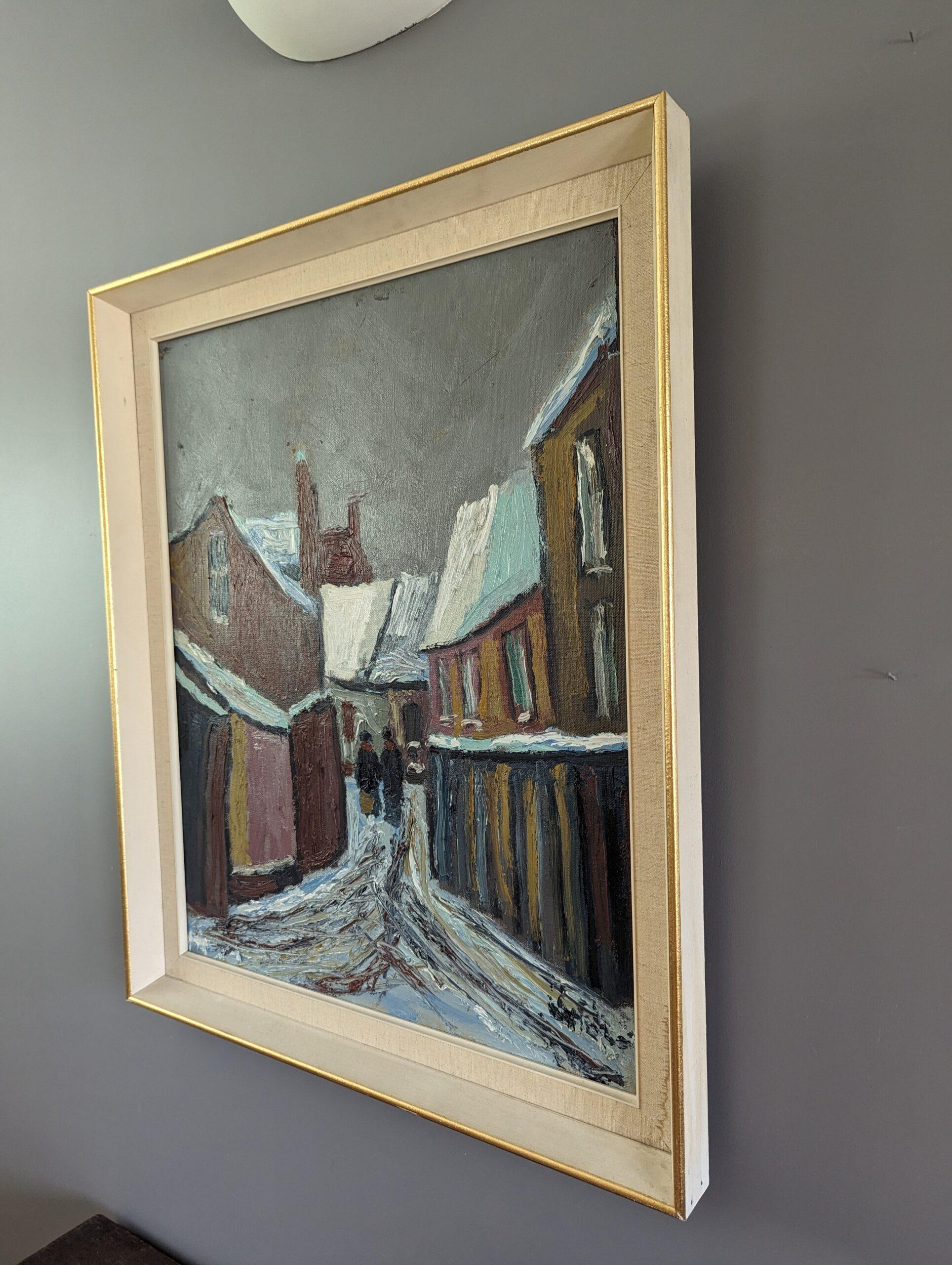 Vintage Mid-Century Modernist Street Scene Oil Painting - Snowy Village 3