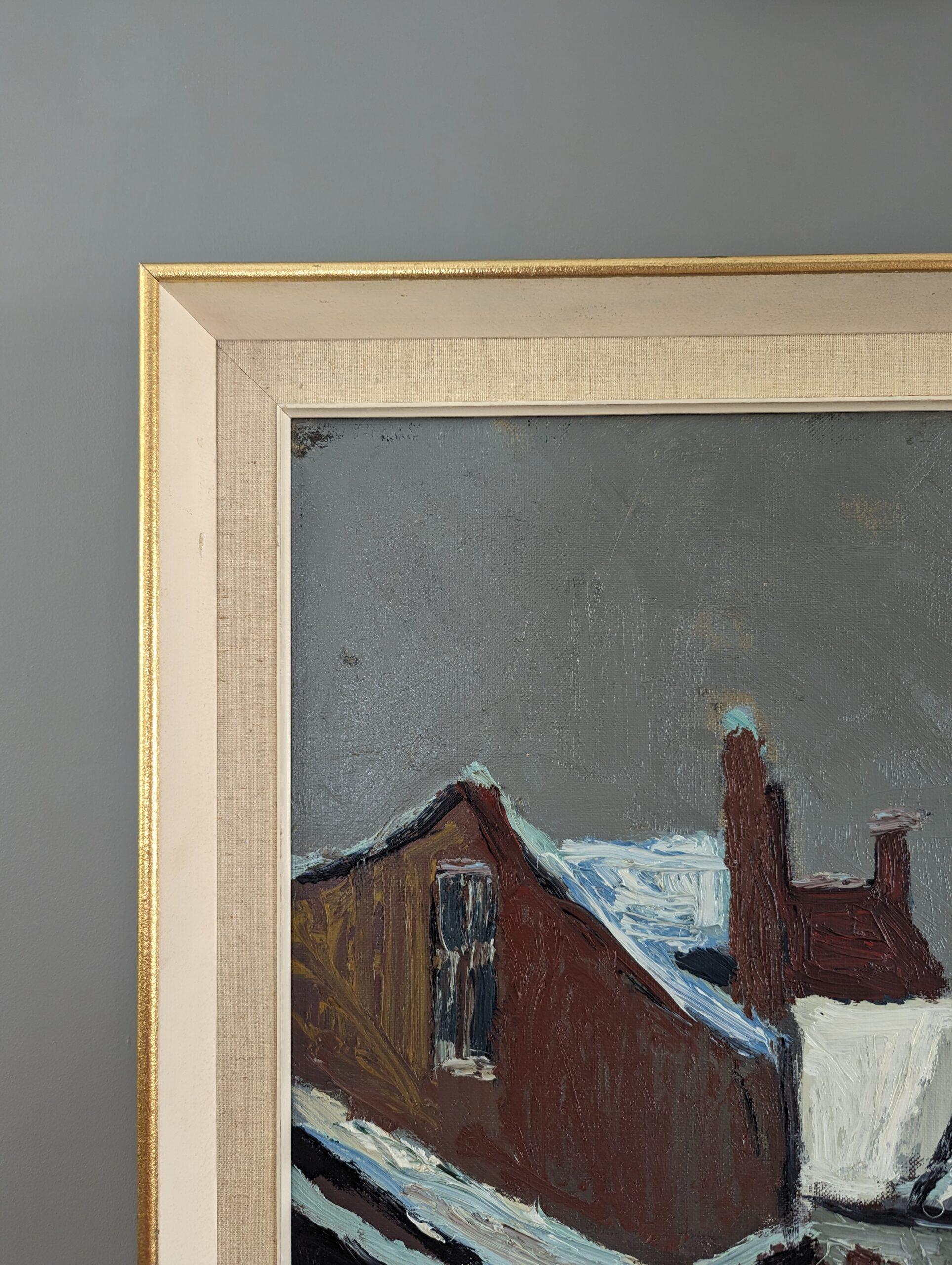 Vintage Mid-Century Modernist Street Scene Oil Painting - Snowy Village 4