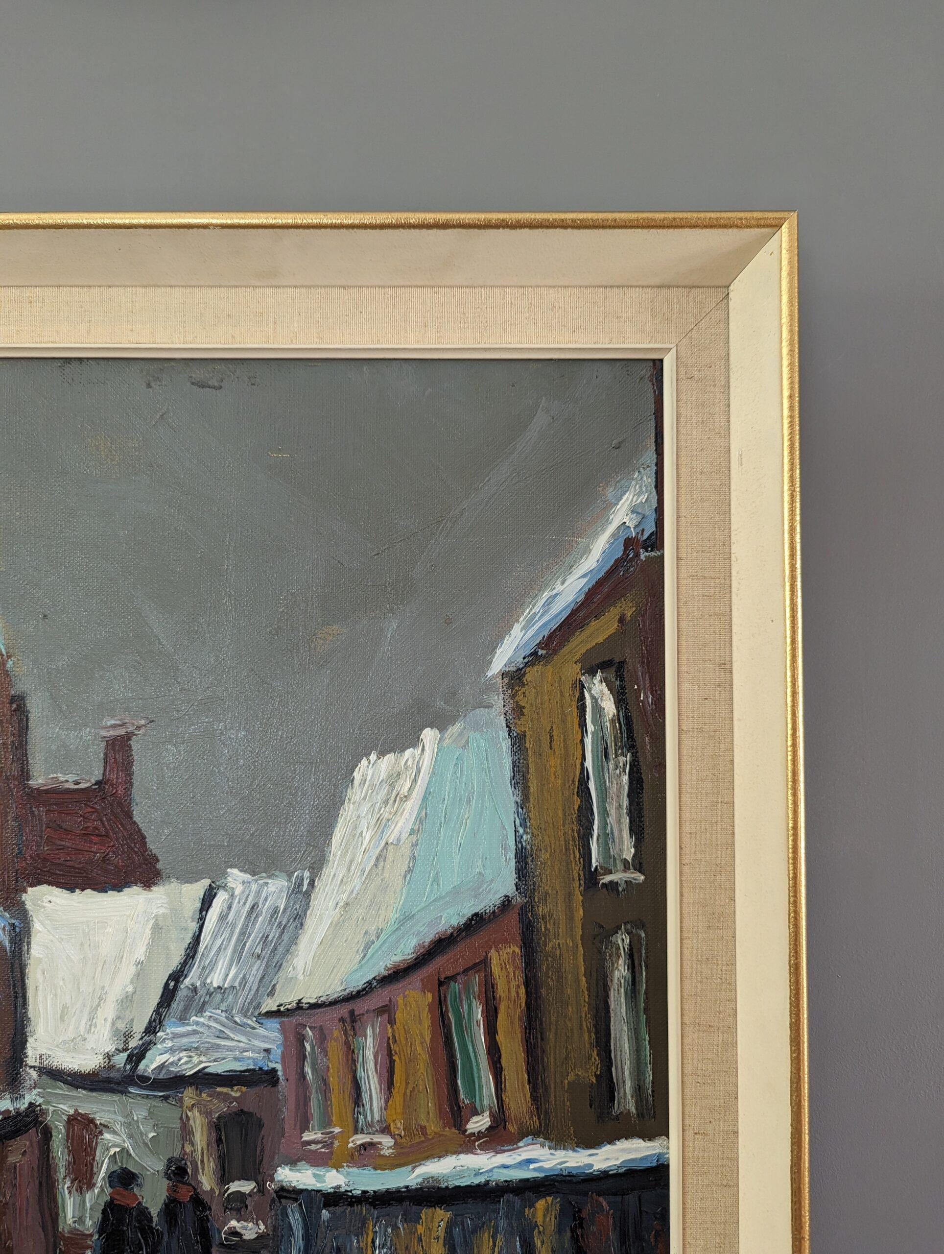 Vintage Mid-Century Modernist Street Scene Oil Painting - Snowy Village 5
