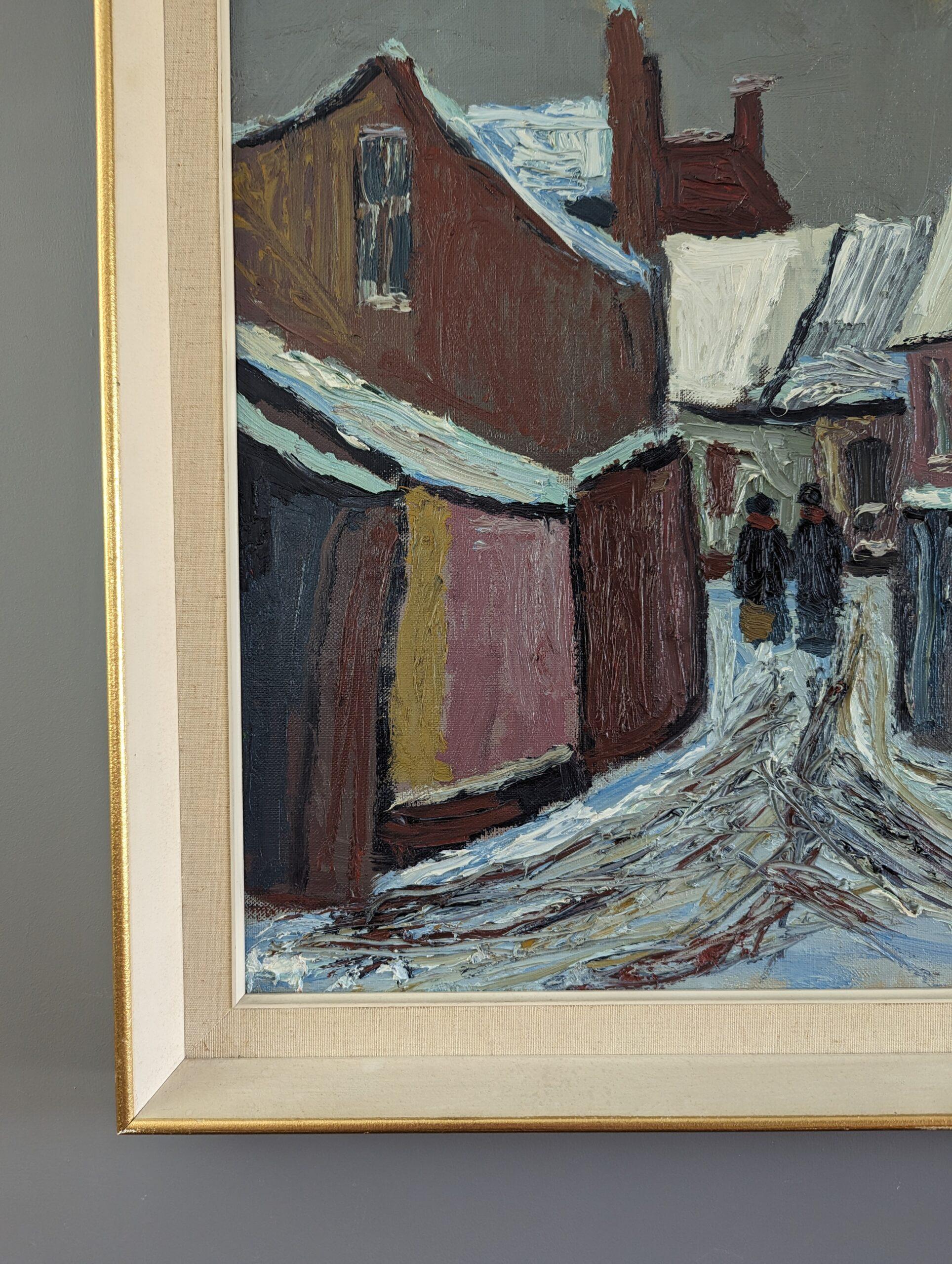 Vintage Mid-Century Modernist Street Scene Oil Painting - Snowy Village 6