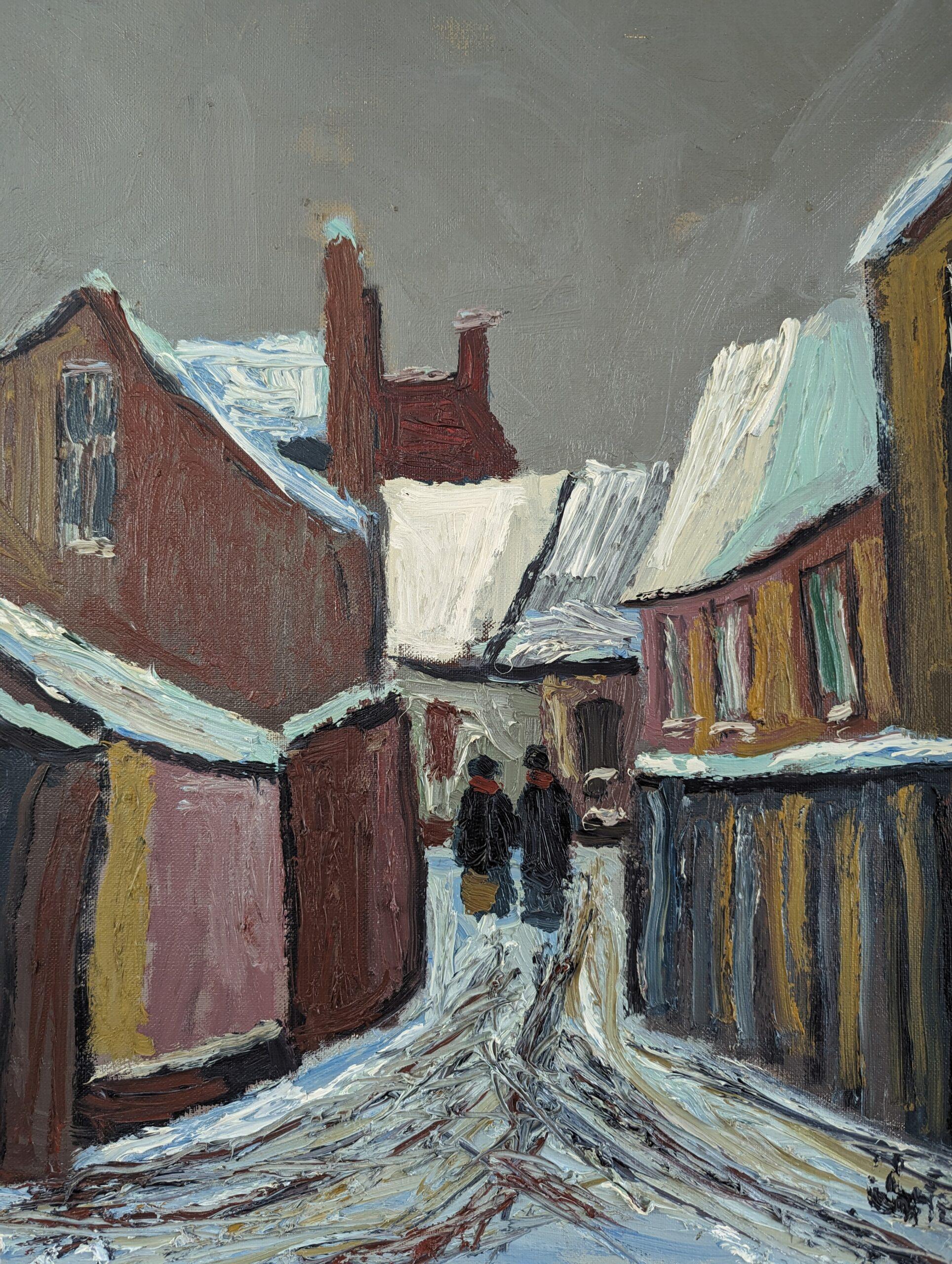 Vintage Mid-Century Modernist Street Scene Oil Painting - Snowy Village 7