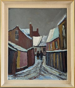 Vintage Mid-Century Modernist Street Scene Oil Painting - Snowy Village