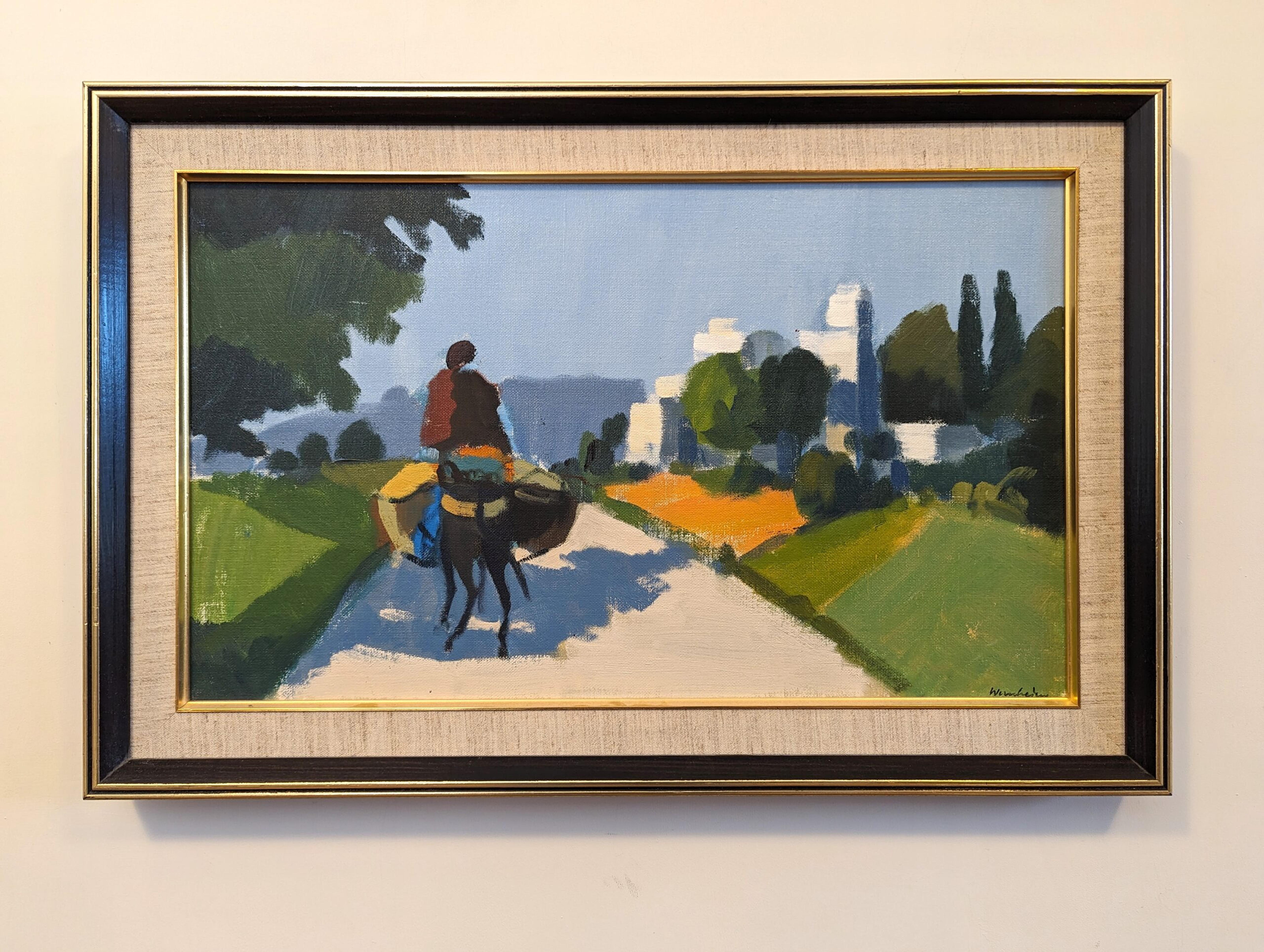 RIDER ON THE ROAD
Size: 42.5 x 64 cm (including frame)
Oil on Board

A richly coloured mid century modernist style composition, executed in oil onto canvas by the established Swedish artist Stig Wernheden (1921-1997), whose works have been