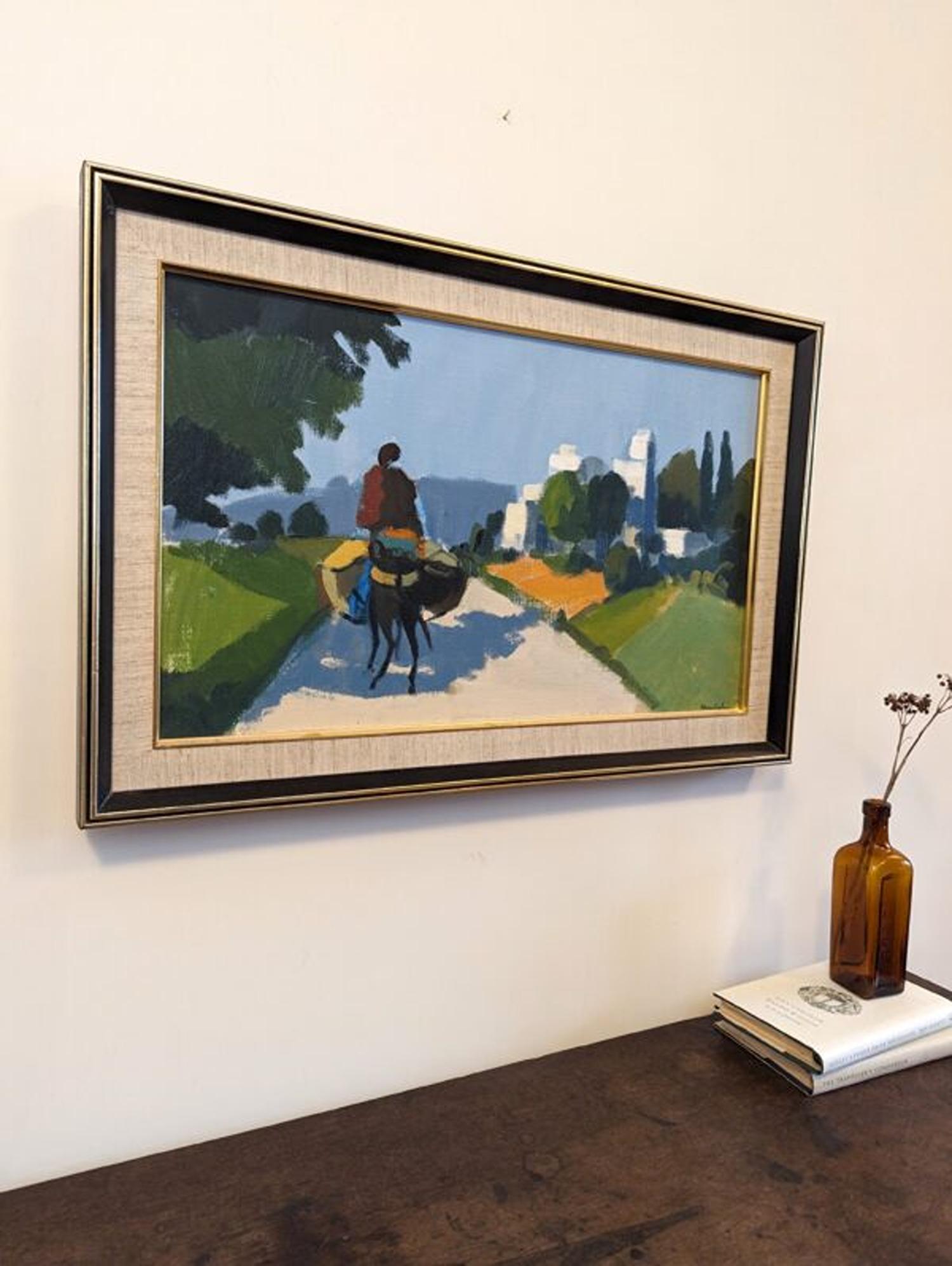 Vintage Mid-Century Modernist Style Framed Oil Painting - Rider on the Road For Sale 2