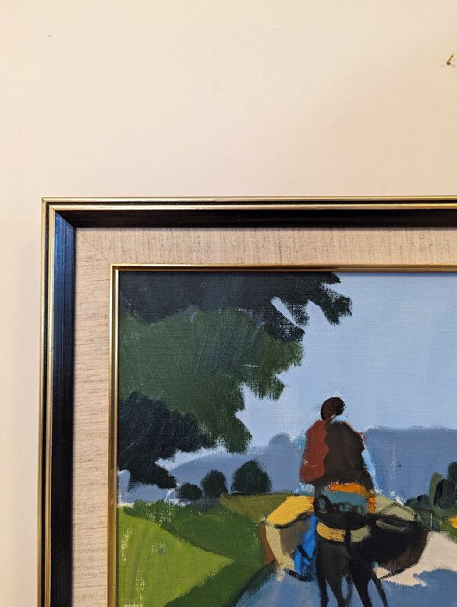 Vintage Mid-Century Modernist Style Framed Oil Painting - Rider on the Road For Sale 4