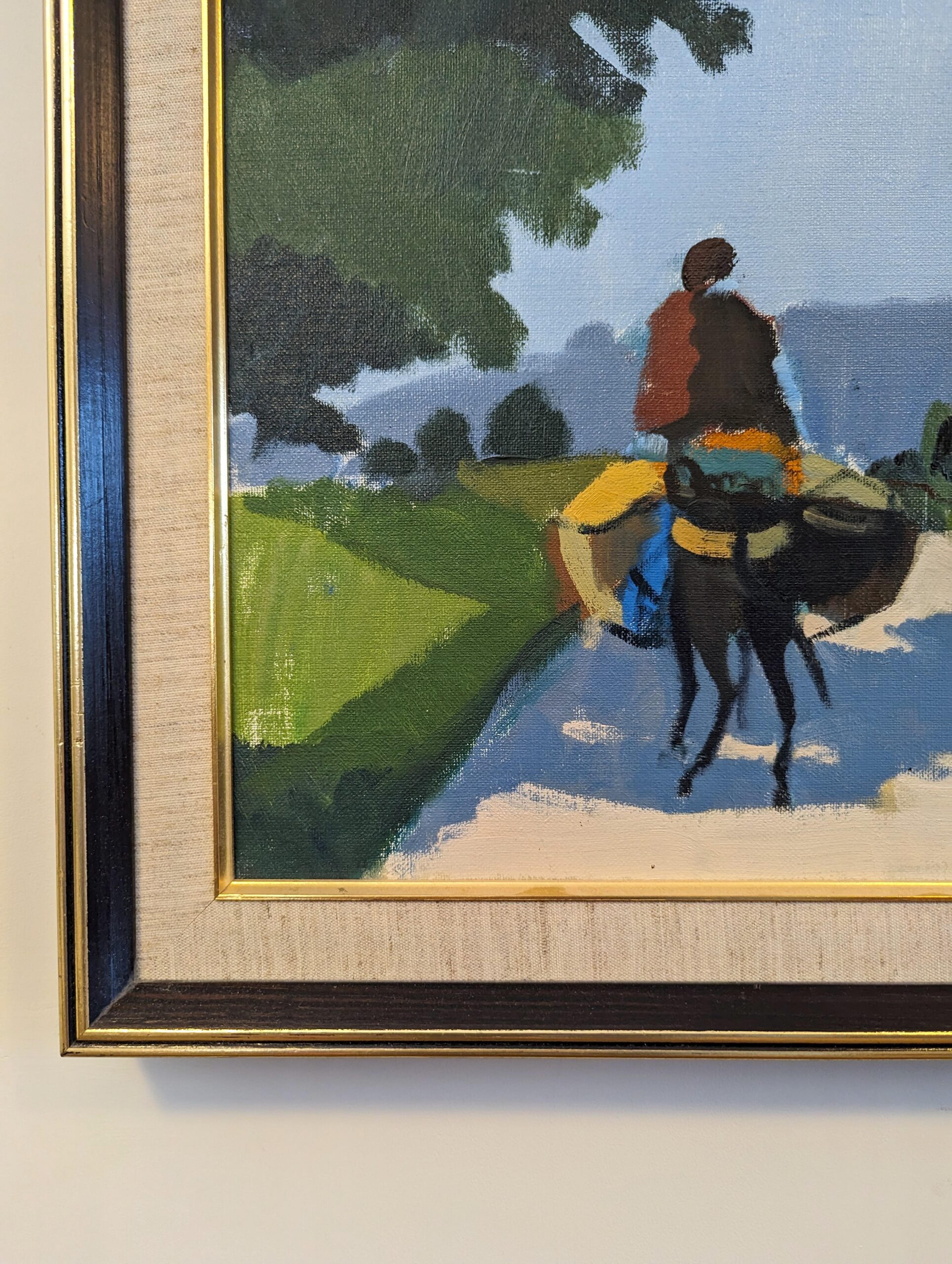 Vintage Mid-Century Modernist Style Framed Oil Painting - Rider on the Road For Sale 5