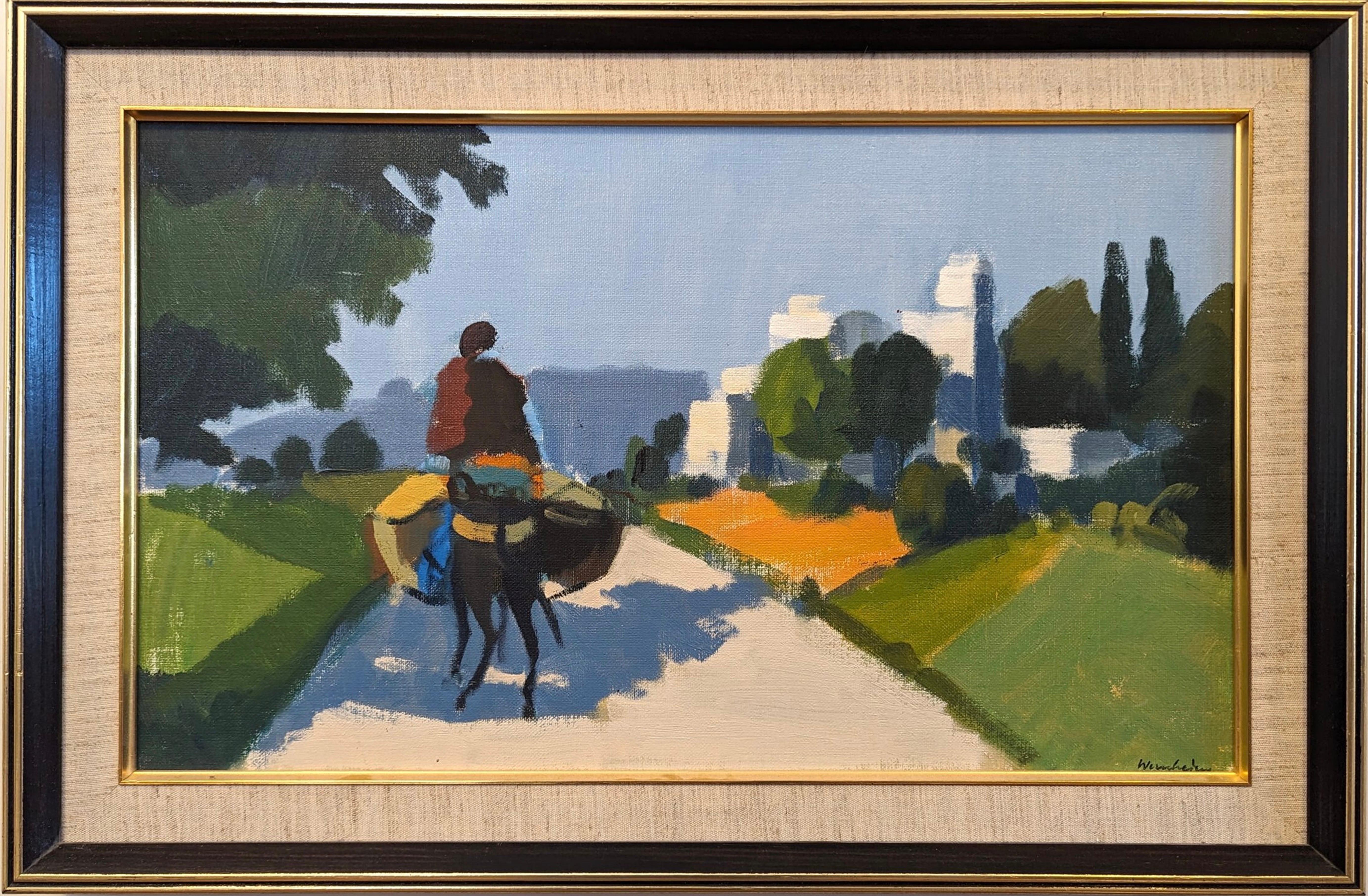 Unknown Landscape Painting - Vintage Mid-Century Modernist Style Framed Oil Painting - Rider on the Road