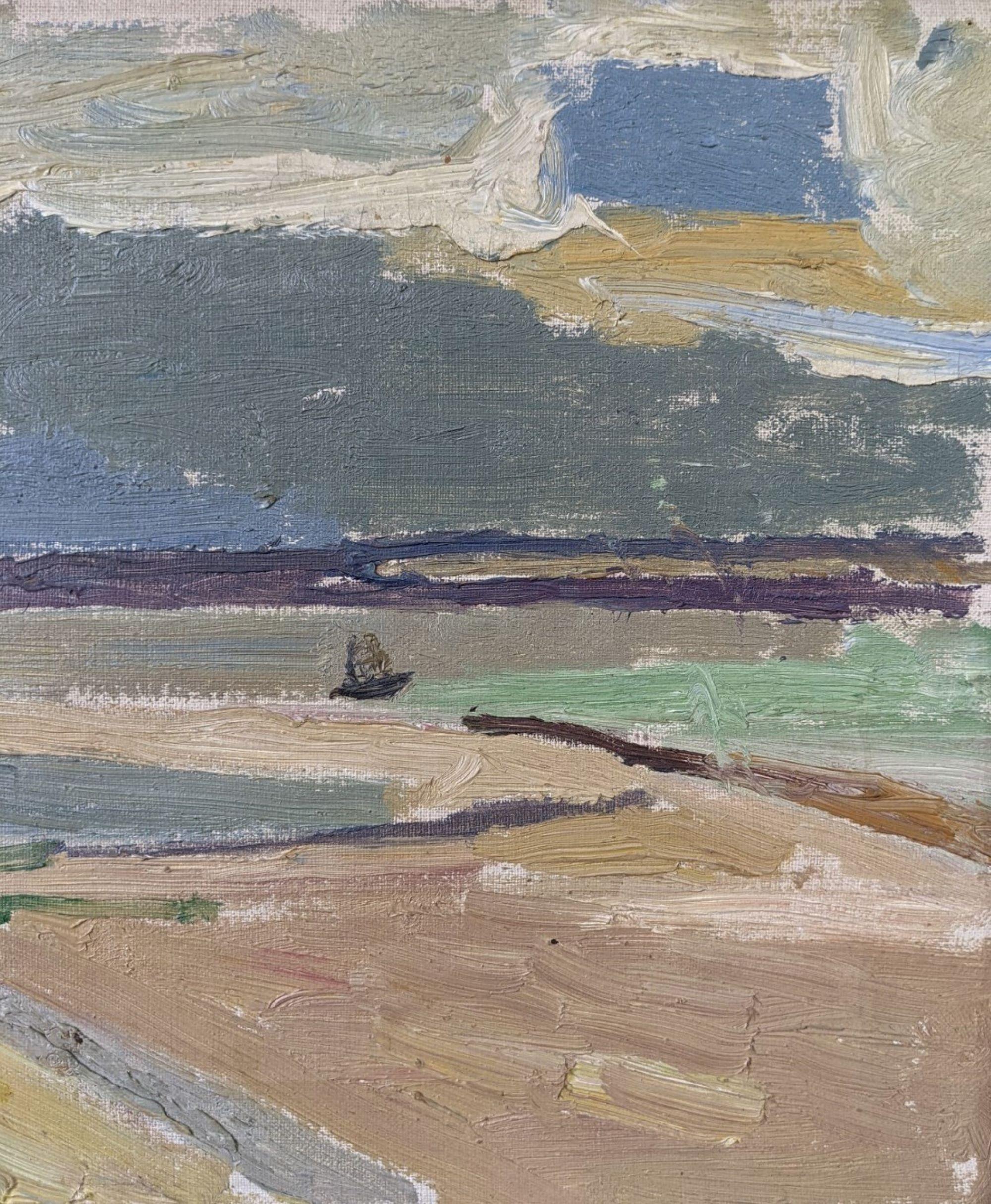 Pintura al óleo costera sueca modernista vintage de mediados de siglo - Serenidad de marea baja 7