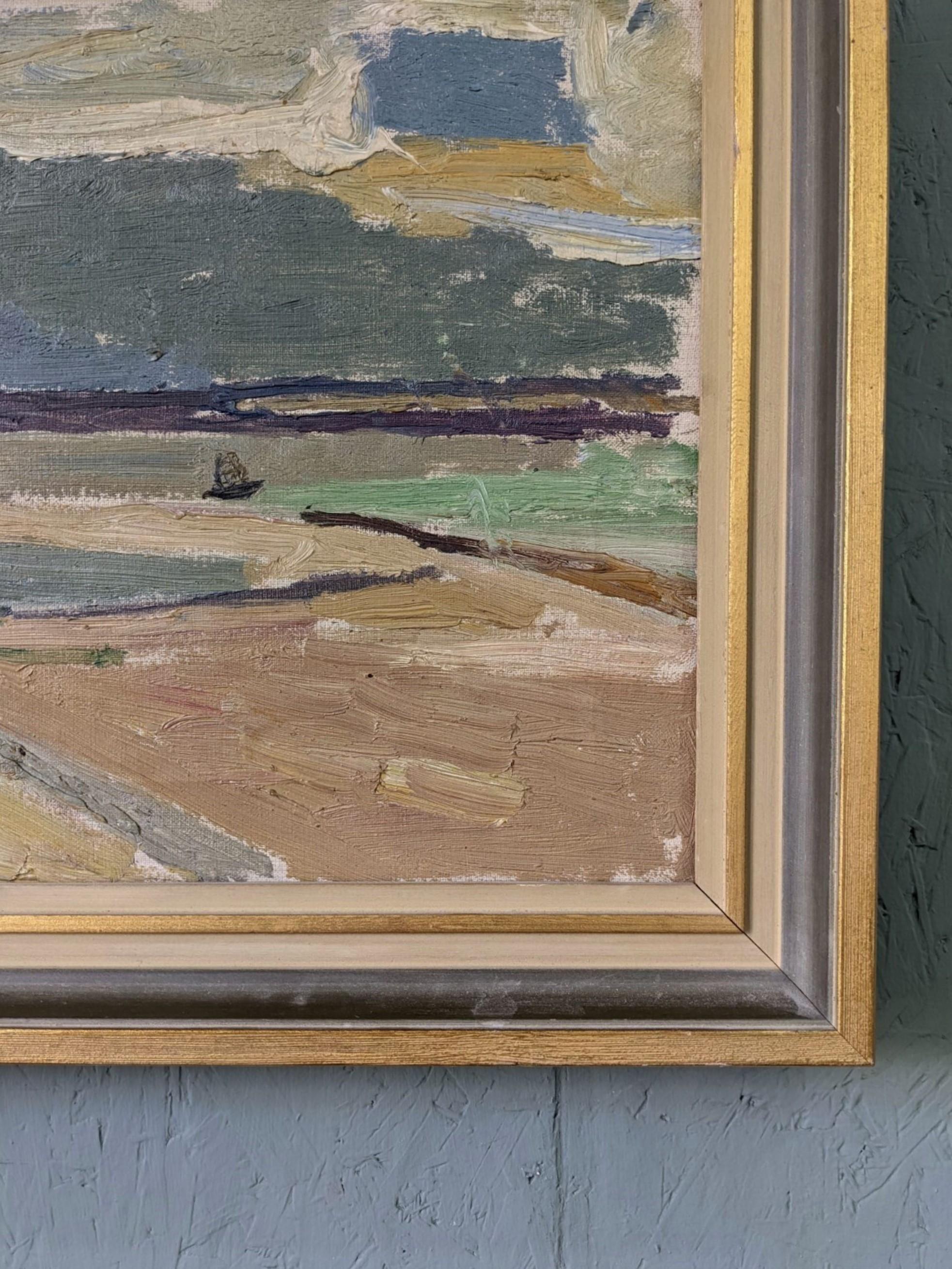 Pintura al óleo costera sueca modernista vintage de mediados de siglo - Serenidad de marea baja 1