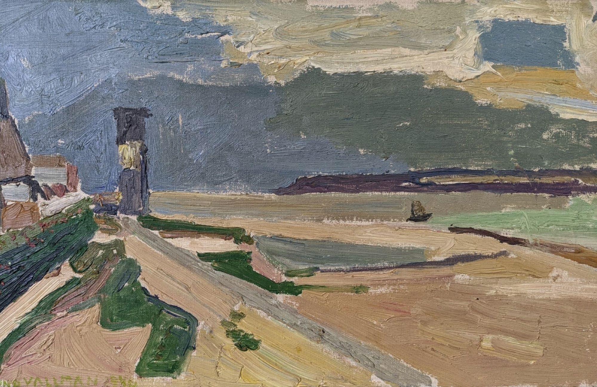 Pintura al óleo costera sueca modernista vintage de mediados de siglo - Serenidad de marea baja 5