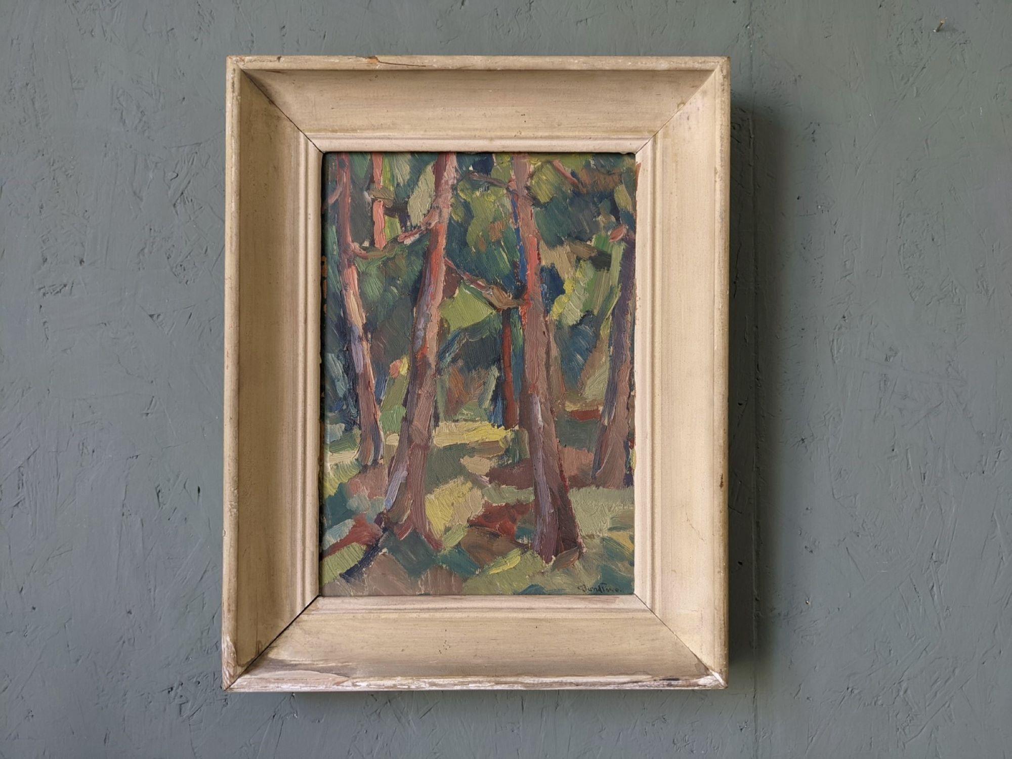 FOREST IN COLOUR
Size: 42 x 34 cm (including frame)
Oil on board

An exceptional mid-century modernist landscape composition, executed in oil onto board.

This delightful landscape composition presents tall trees growing in a lush forest setting.