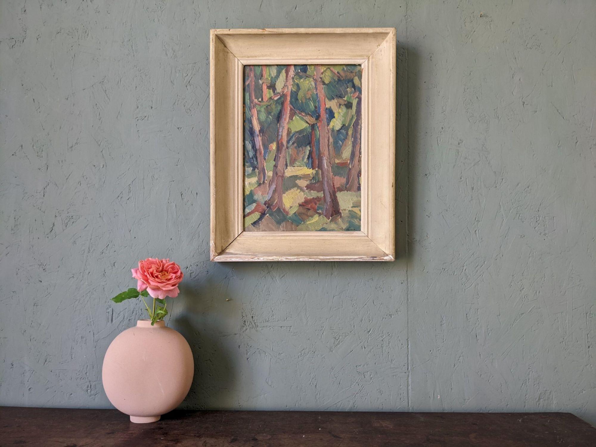 Vintage Mid-Century Modernist Swedish Framed Oil Painting - Forest in Colour 1