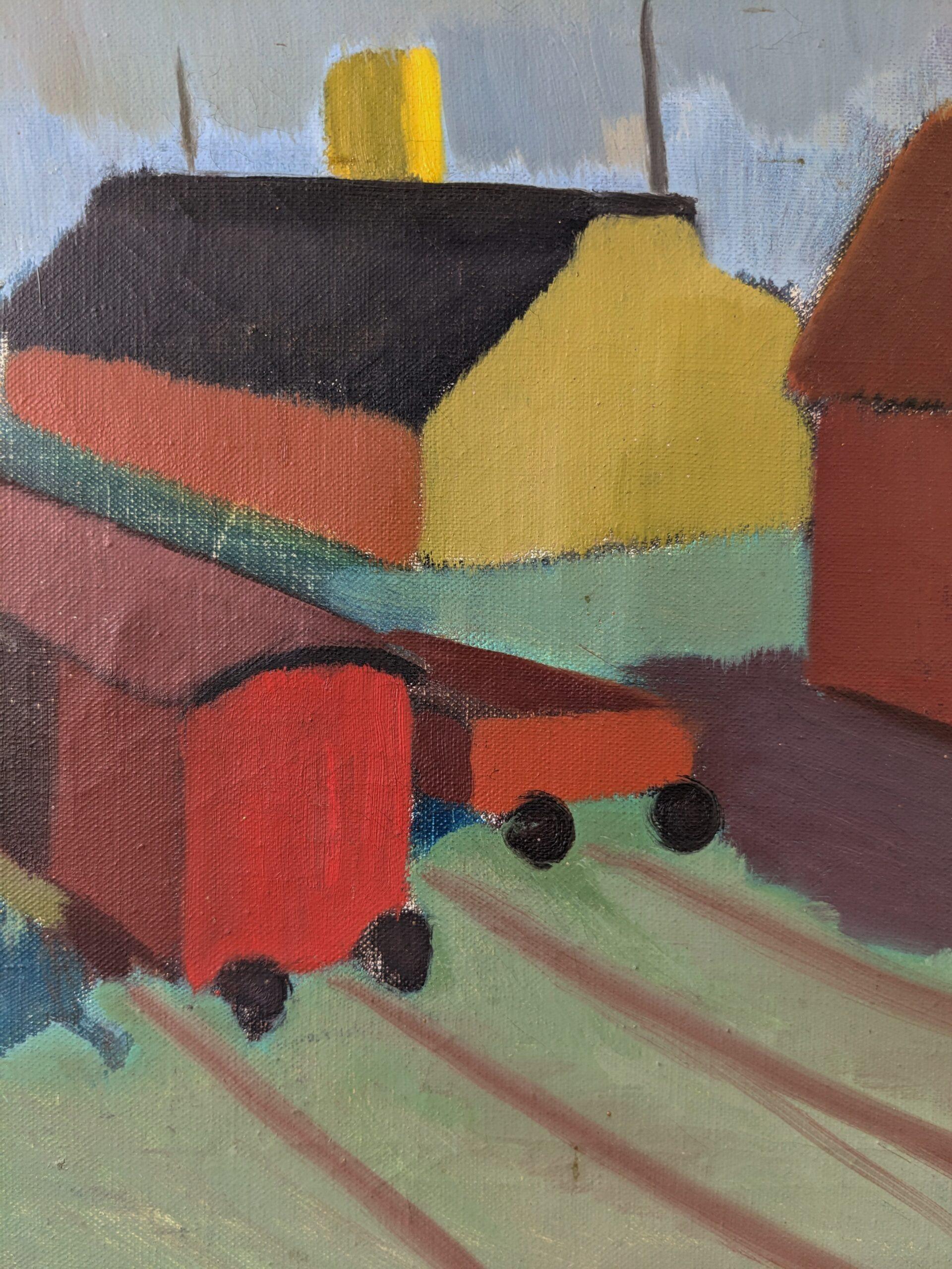 Vintage Mid-Century Modernist Swedish Oil Painting, The Station 8