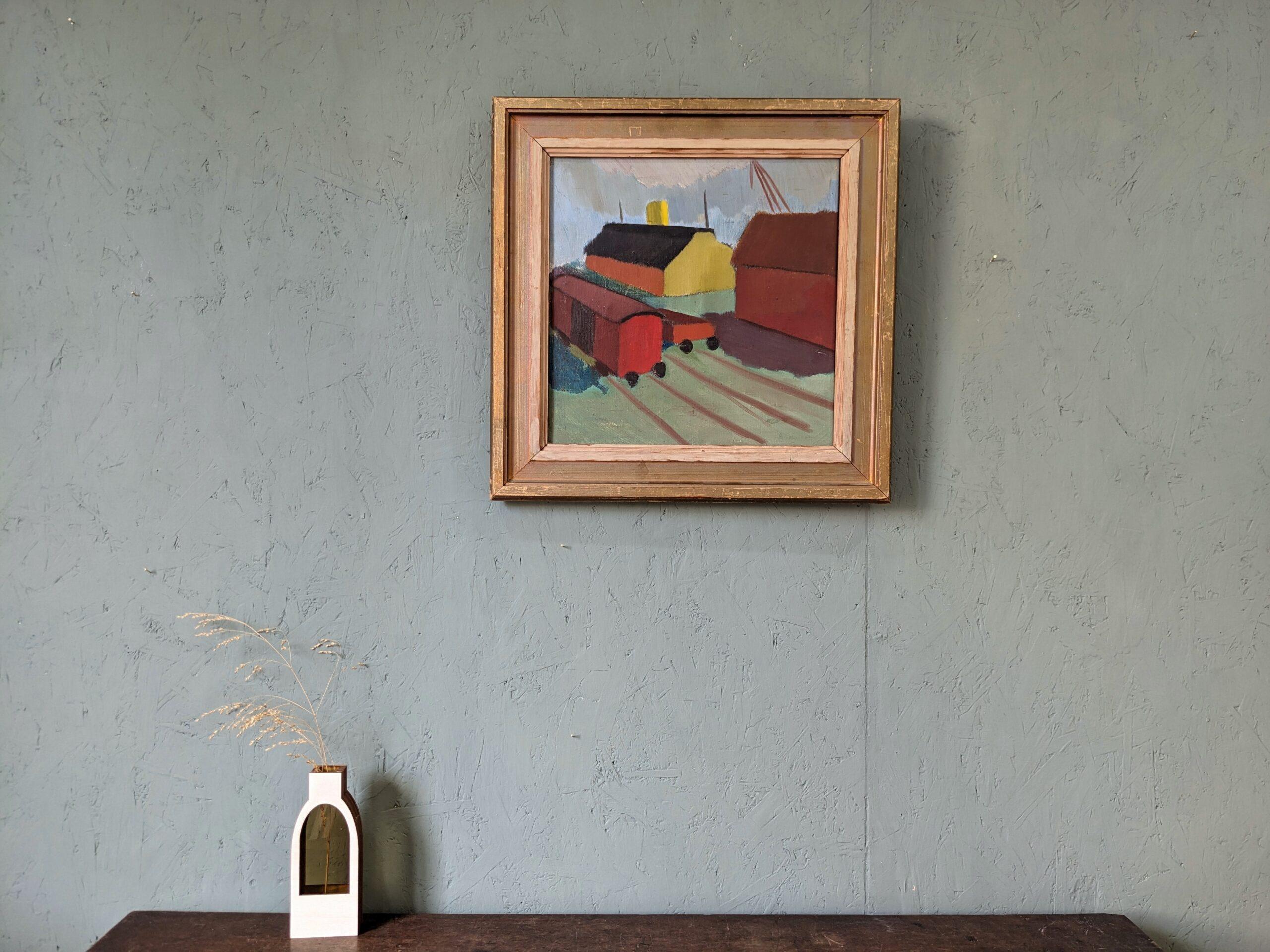 Vintage Mid-Century Modernist Swedish Oil Painting, The Station 10