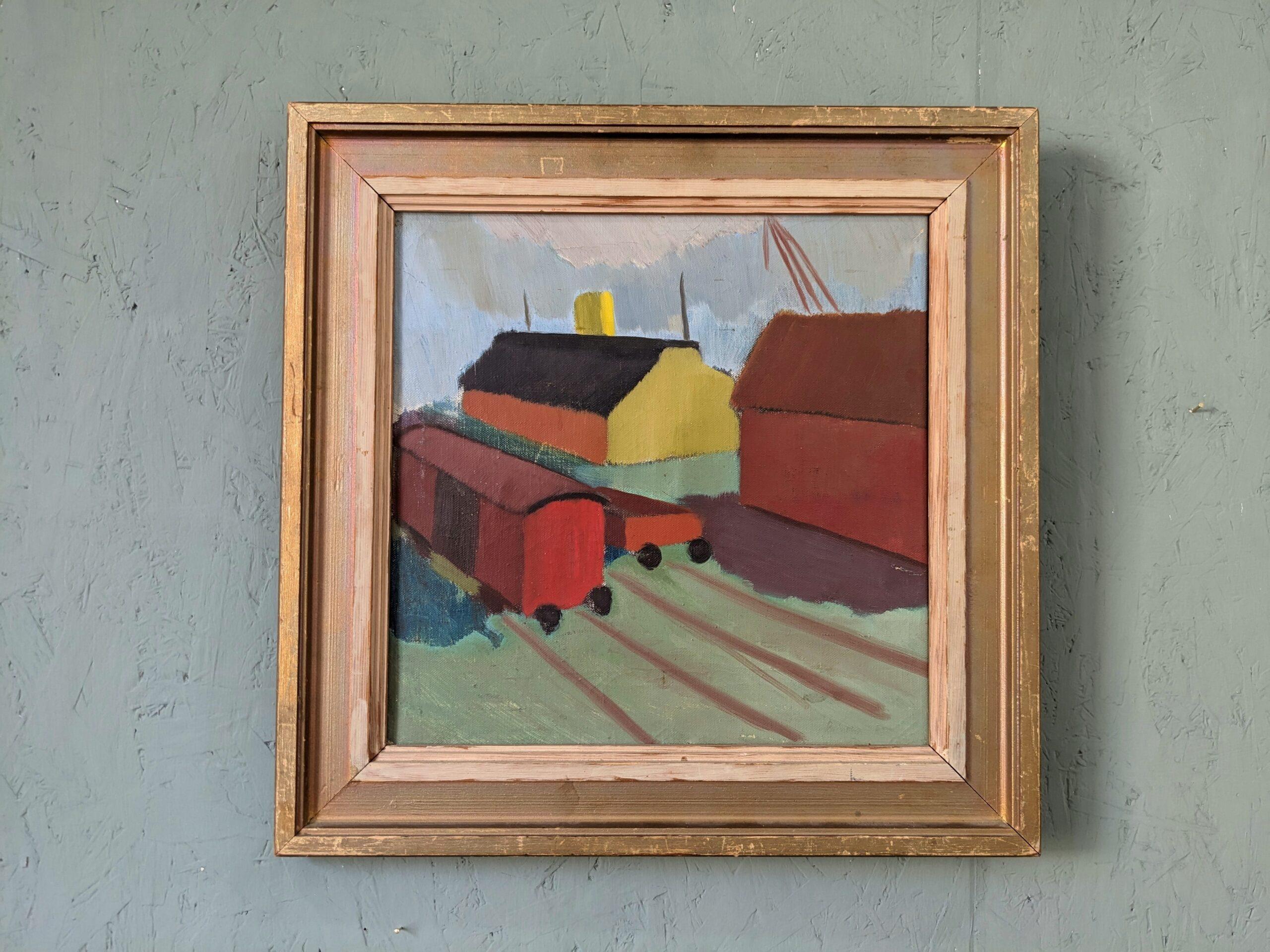 THE STATION
Size: 45 x 45.5 cm (including frame)
Oil on canvas

A very pleasant mid-century modernist-style oil composition, depicting 2 trains passing by a station. A rich and uplifting colour palette has been used to paint the trains and stations,