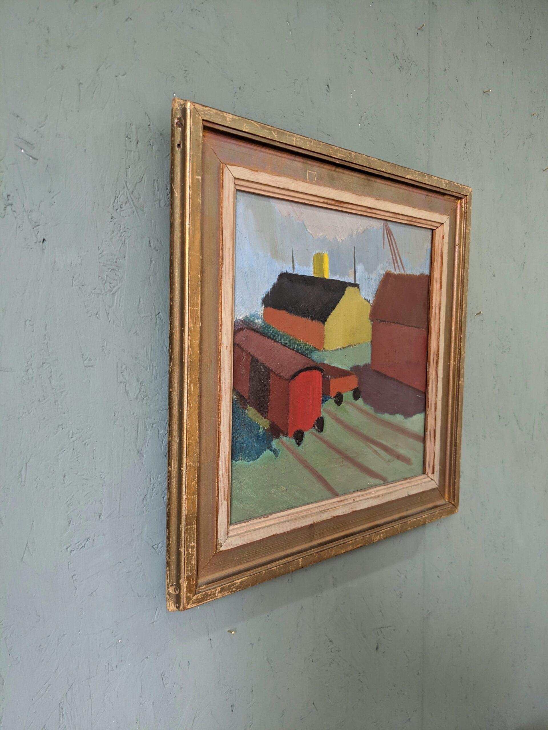 Vintage Mid-Century Modernist Swedish Oil Painting, The Station 1