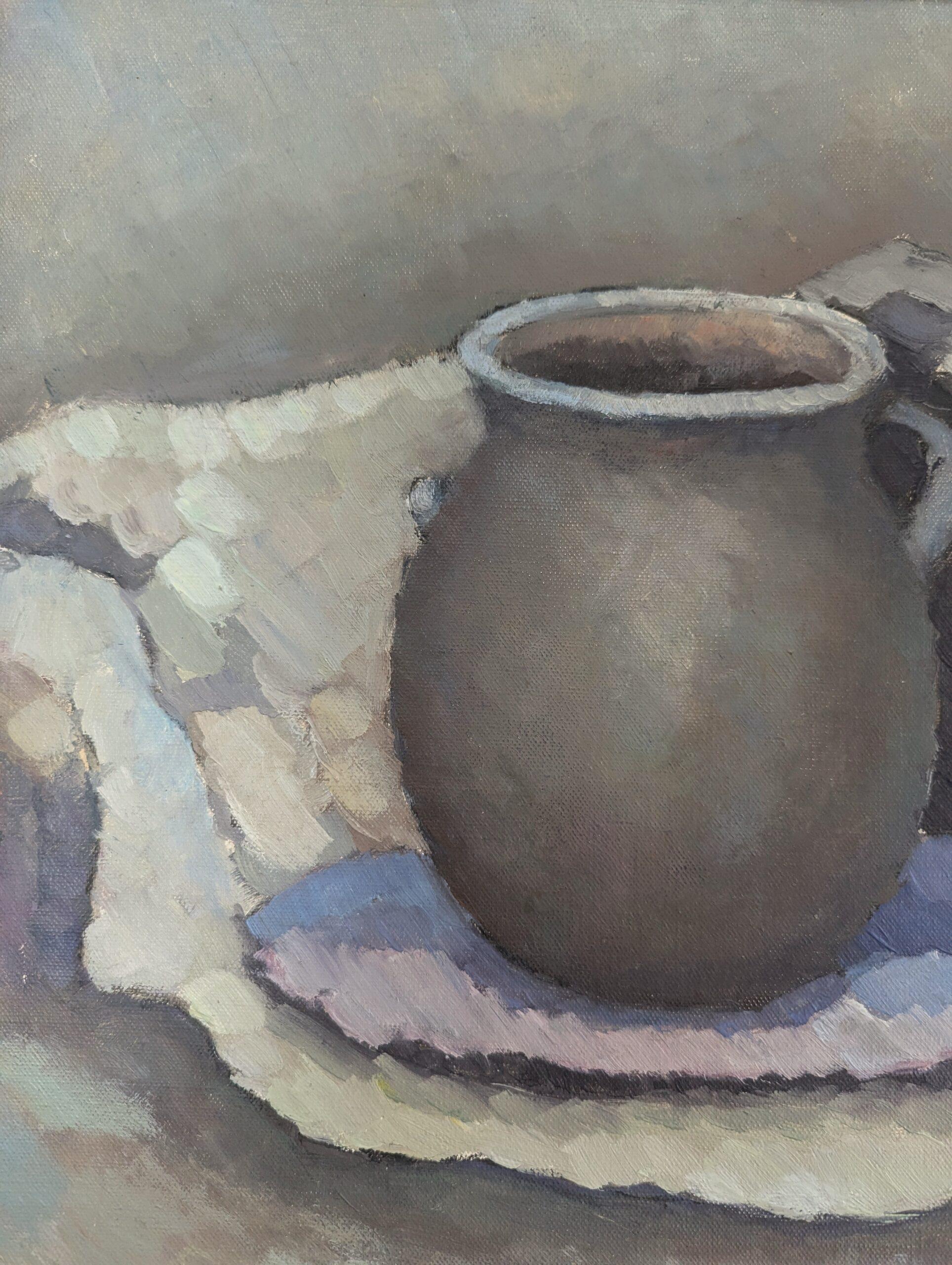 Pittura ad olio d'epoca con natura morta svedese della metà del secolo scorso - Il vaso di ceramica in vendita 5
