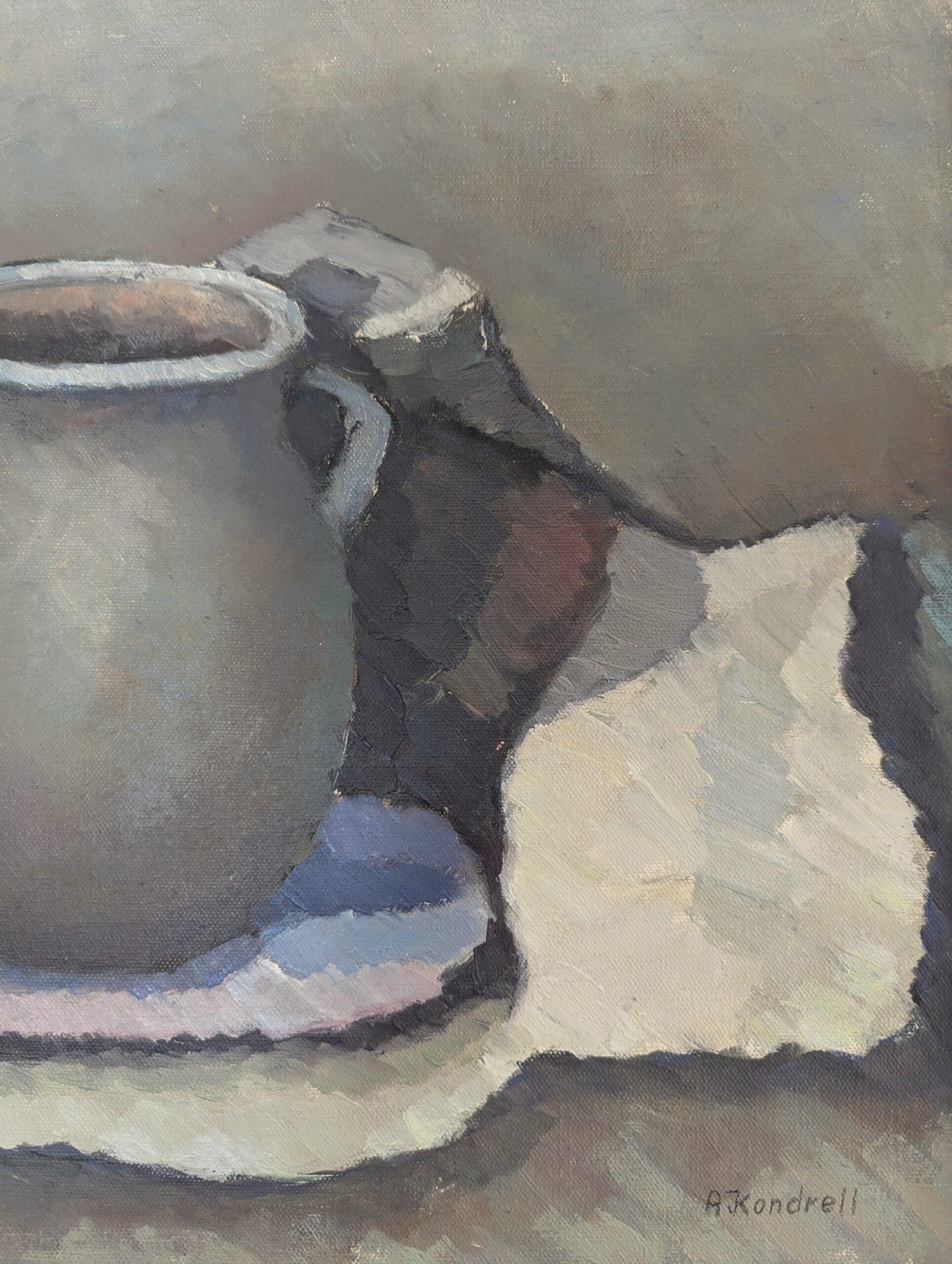Pittura ad olio d'epoca con natura morta svedese della metà del secolo scorso - Il vaso di ceramica in vendita 6