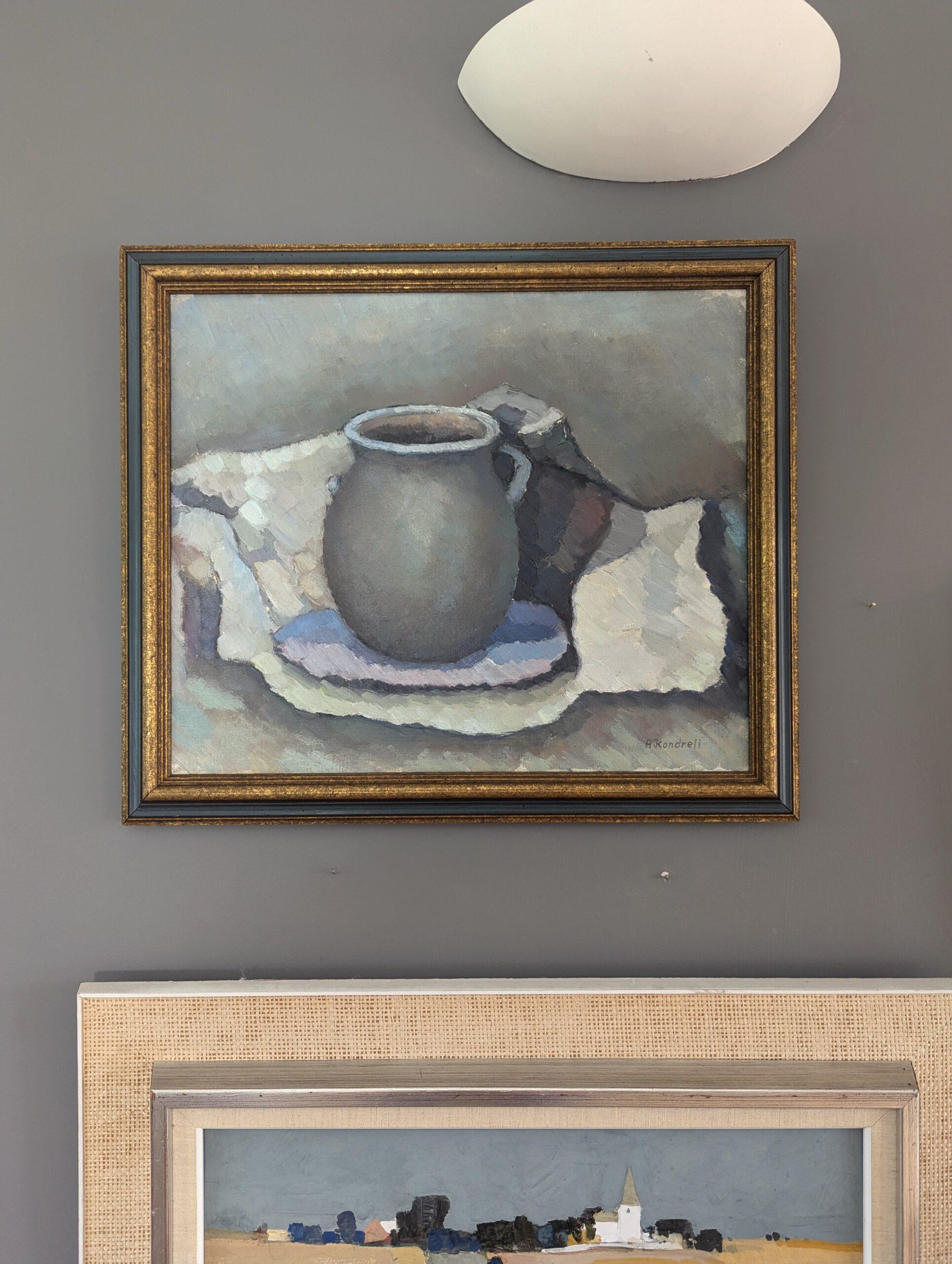 Pittura ad olio d'epoca con natura morta svedese della metà del secolo scorso - Il vaso di ceramica - Still-Life Painting Grigio di Unknown