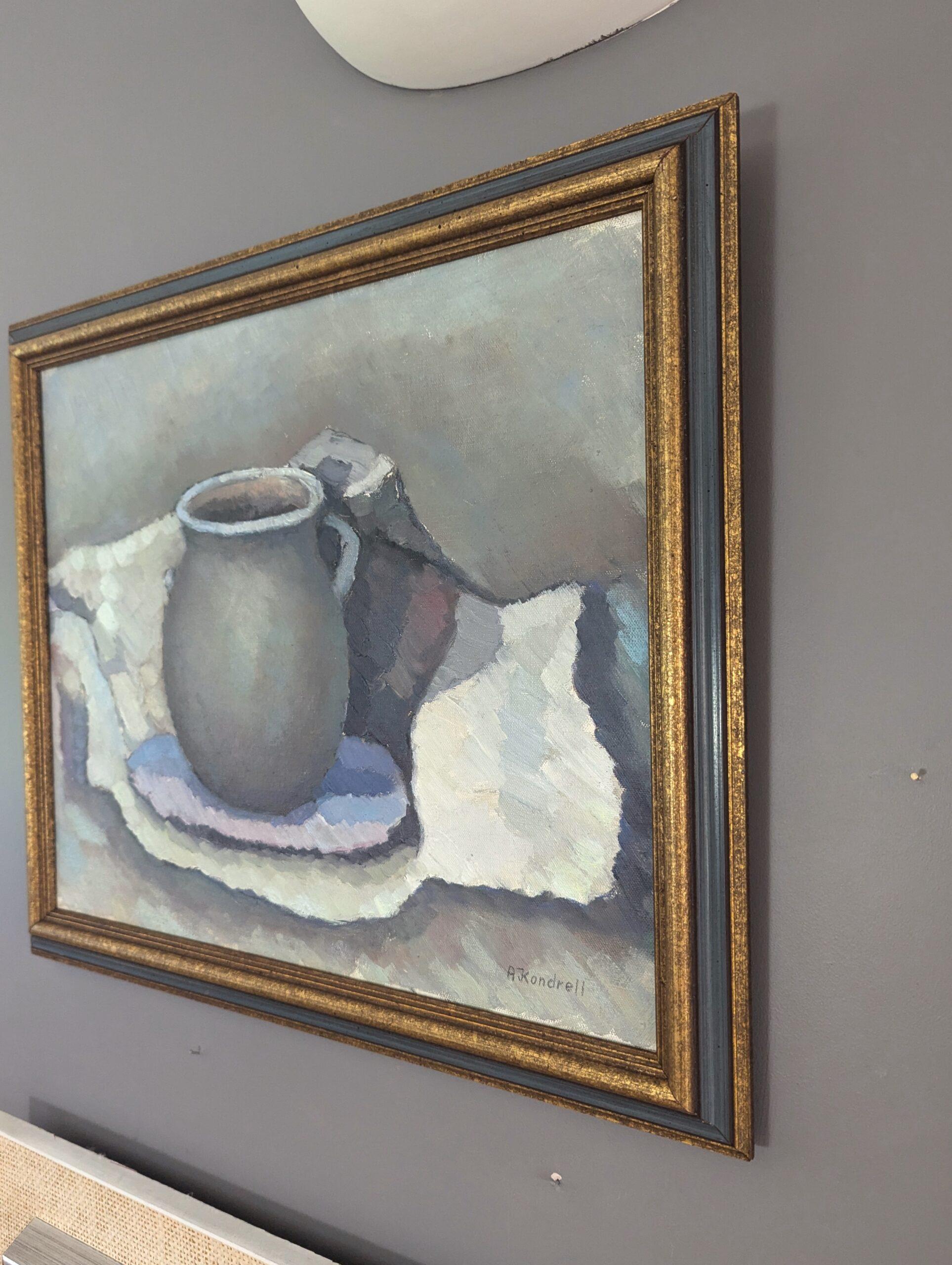 Pittura ad olio d'epoca con natura morta svedese della metà del secolo scorso - Il vaso di ceramica in vendita 1