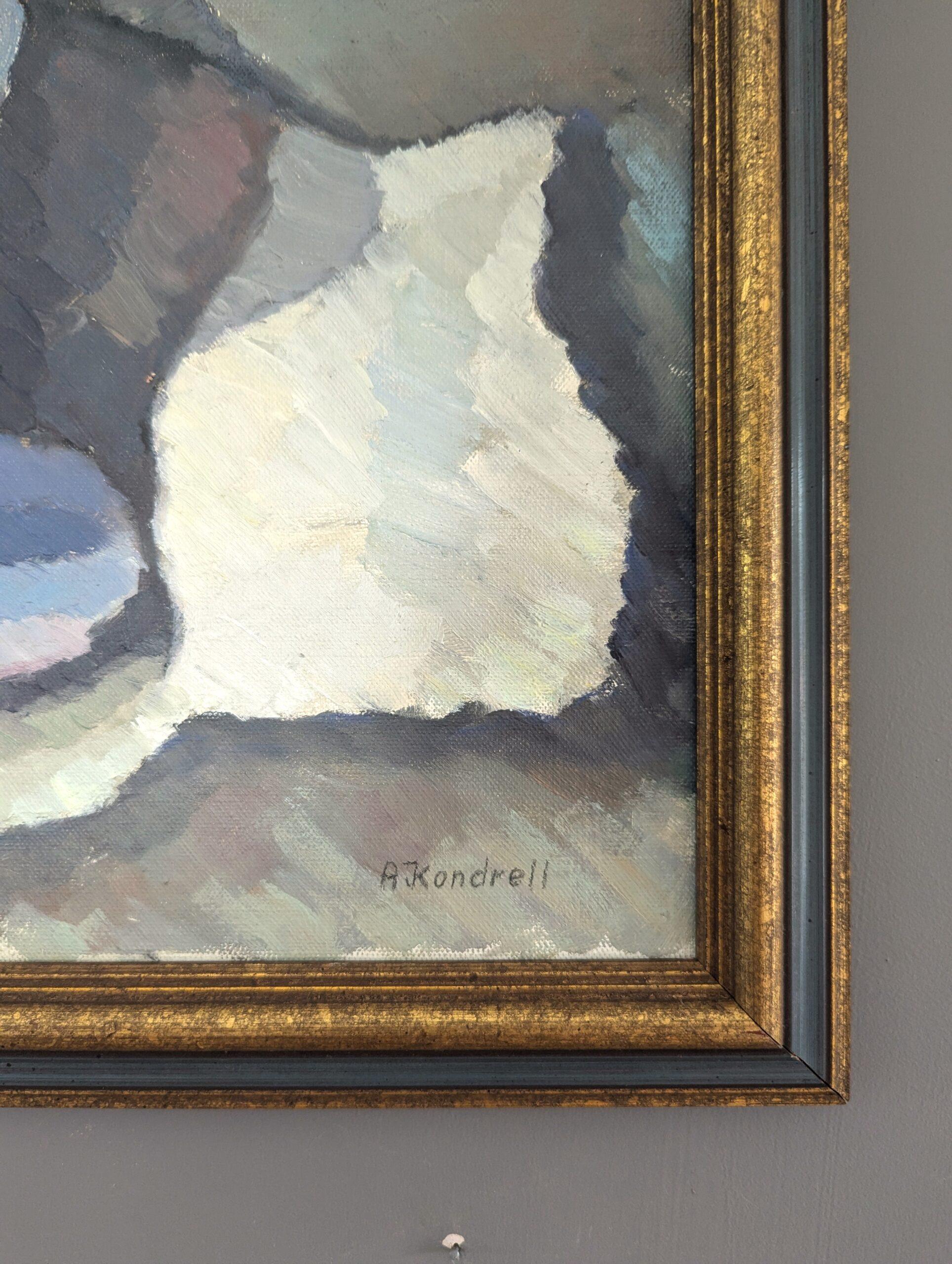 Pittura ad olio d'epoca con natura morta svedese della metà del secolo scorso - Il vaso di ceramica in vendita 2