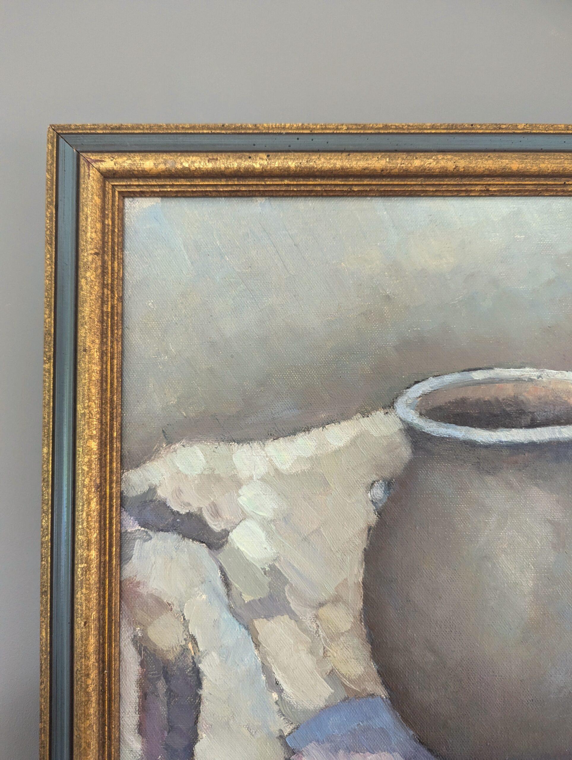 Pittura ad olio d'epoca con natura morta svedese della metà del secolo scorso - Il vaso di ceramica in vendita 3
