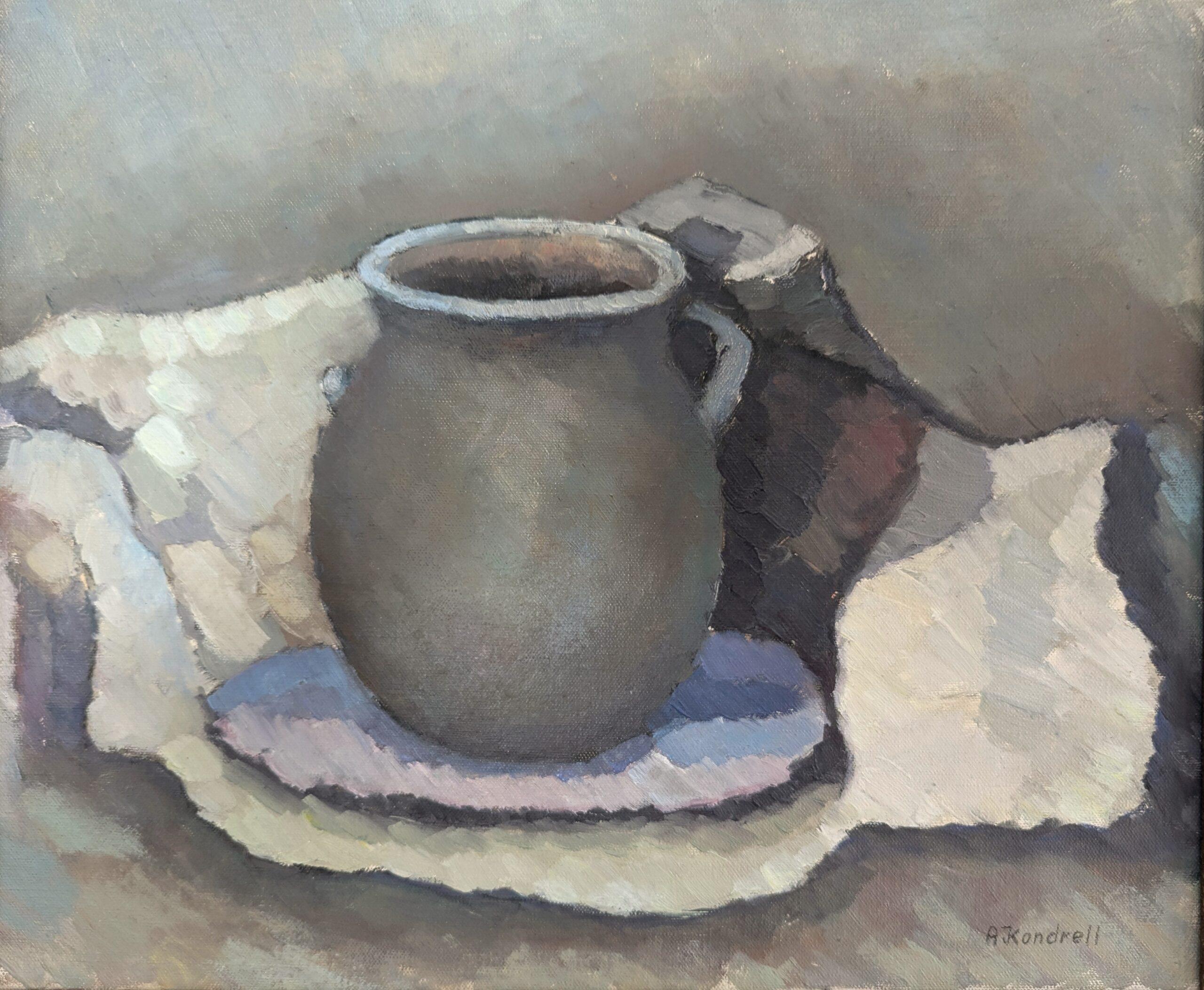 Pittura ad olio d'epoca con natura morta svedese della metà del secolo scorso - Il vaso di ceramica in vendita 4