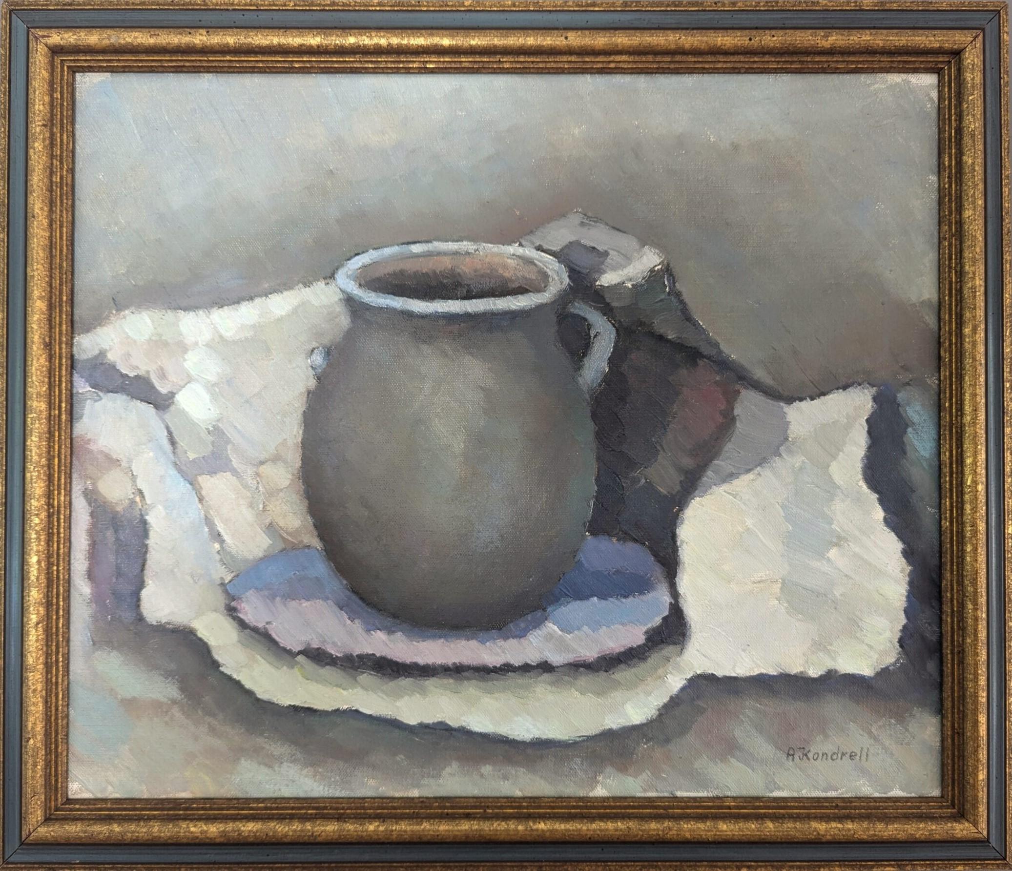 Still-Life Painting di Unknown - Pittura ad olio d'epoca con natura morta svedese della metà del secolo scorso - Il vaso di ceramica