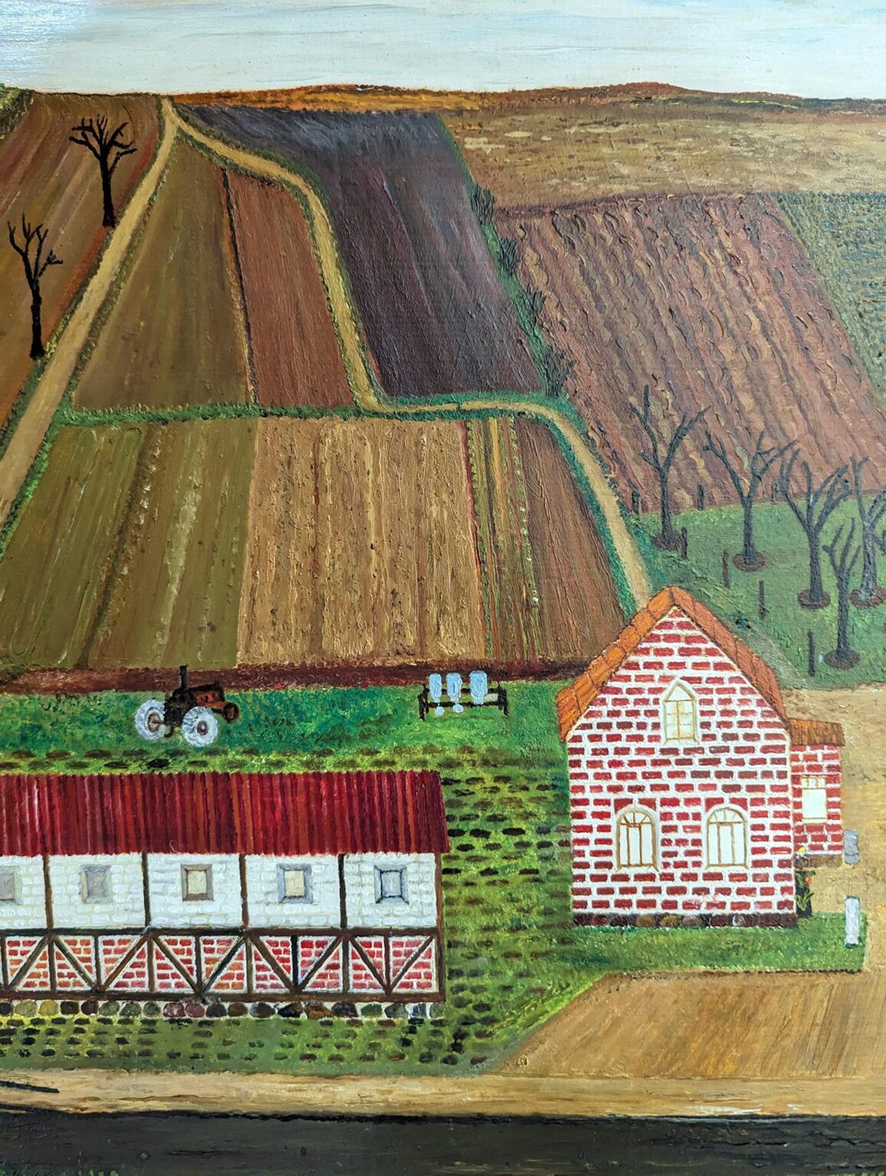 Vintage Mid-Century Naïve Style Landscape Framed Oil Painting - The Working Farm For Sale 8