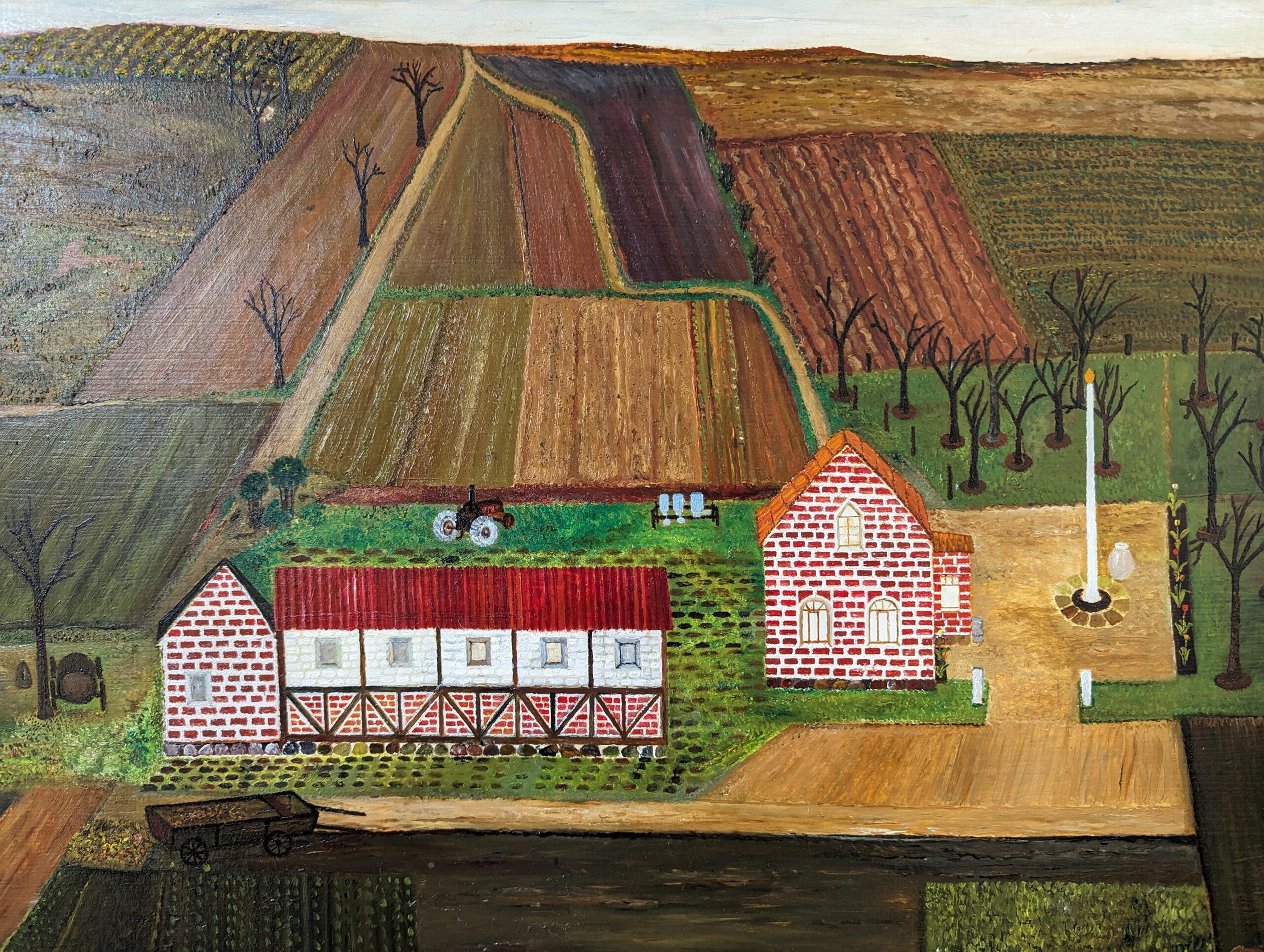Vintage Mid-Century Naïve Style Landscape Framed Oil Painting - The Working Farm For Sale 10