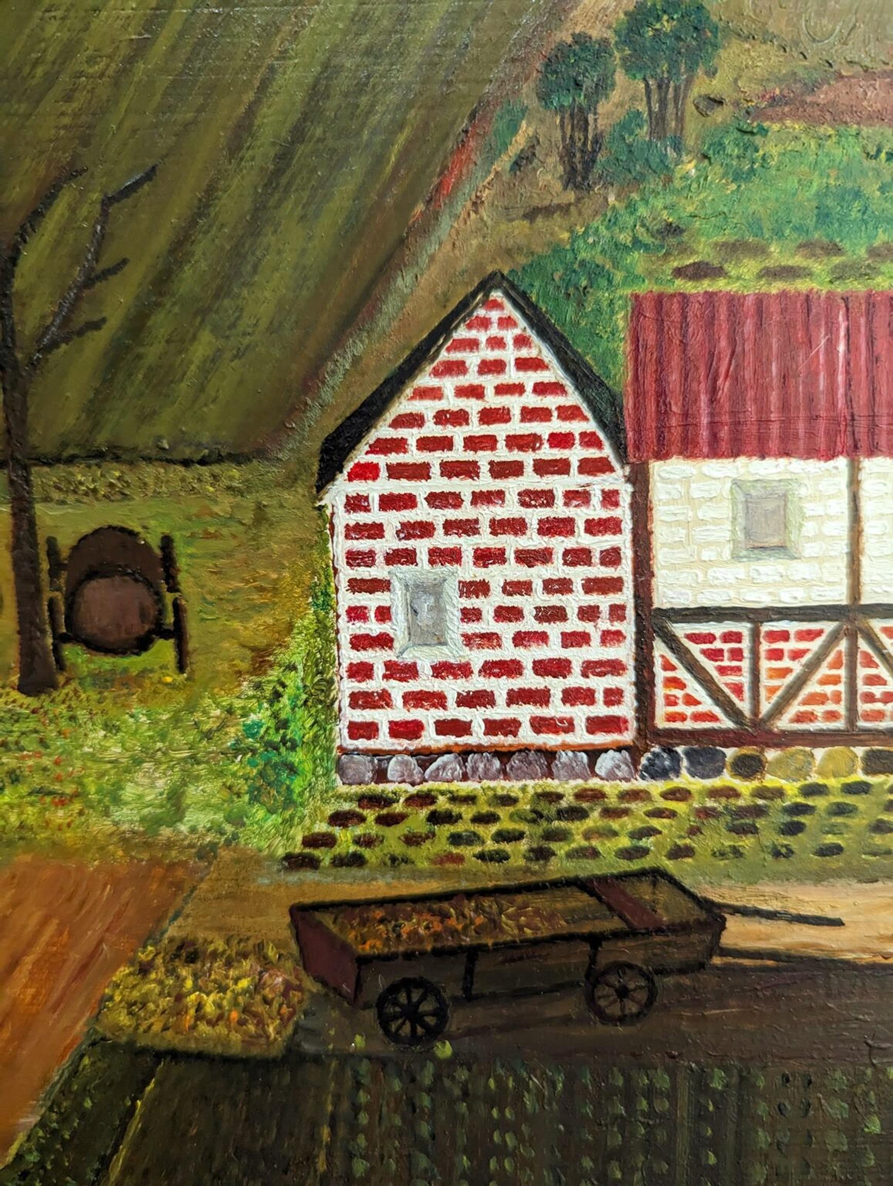 Vintage Mid-Century Naïve Style Landscape Framed Oil Painting - The Working Farm For Sale 11