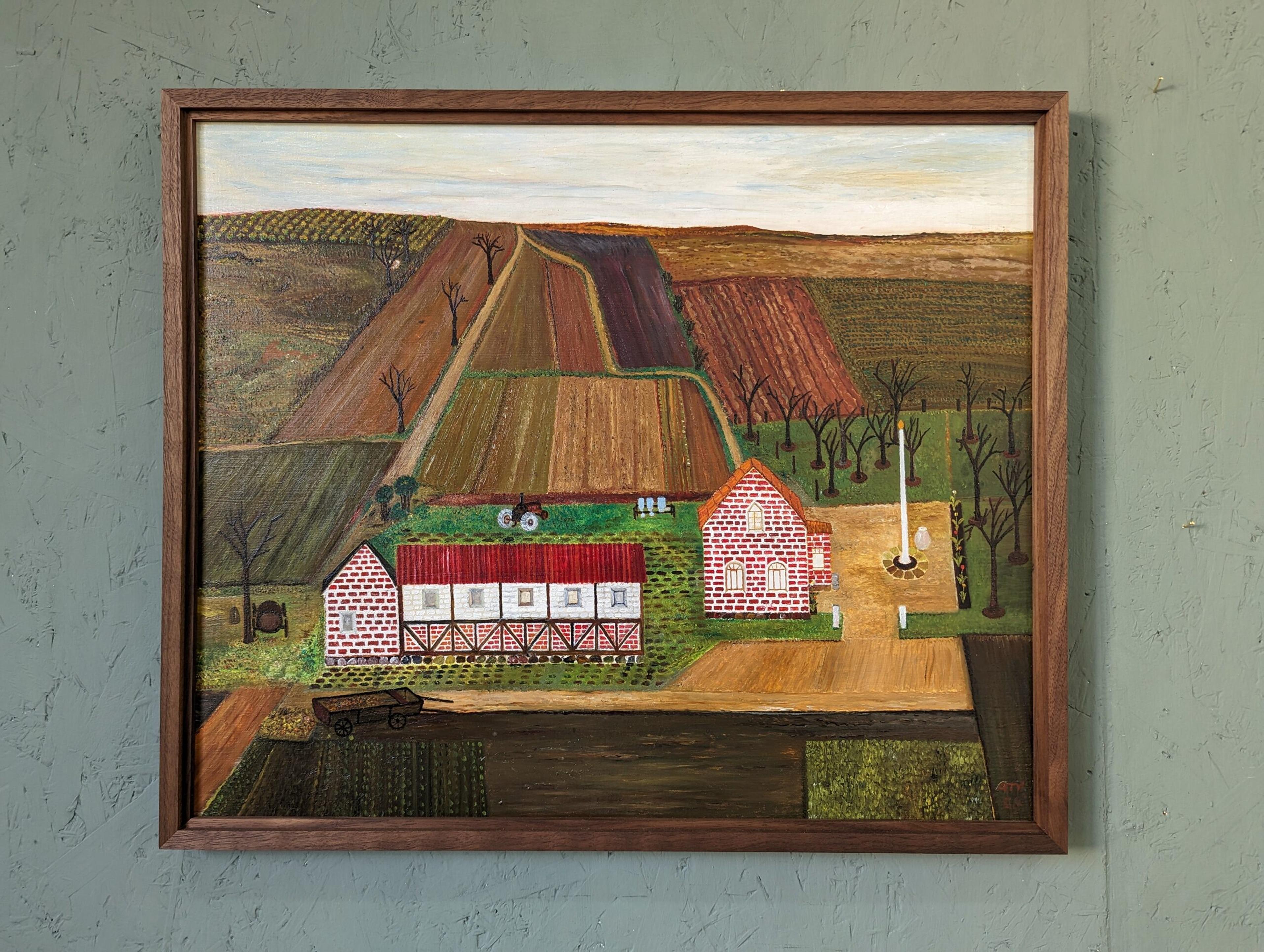 THE WORKING FARM
Size: 48 x 56.5 cm (including frame)
Oil on Board

A brilliantly executed mid century modernist landscape composition of a farm, painted in oil onto board.

Executed in a Naïve style, this piece features several intricately painted